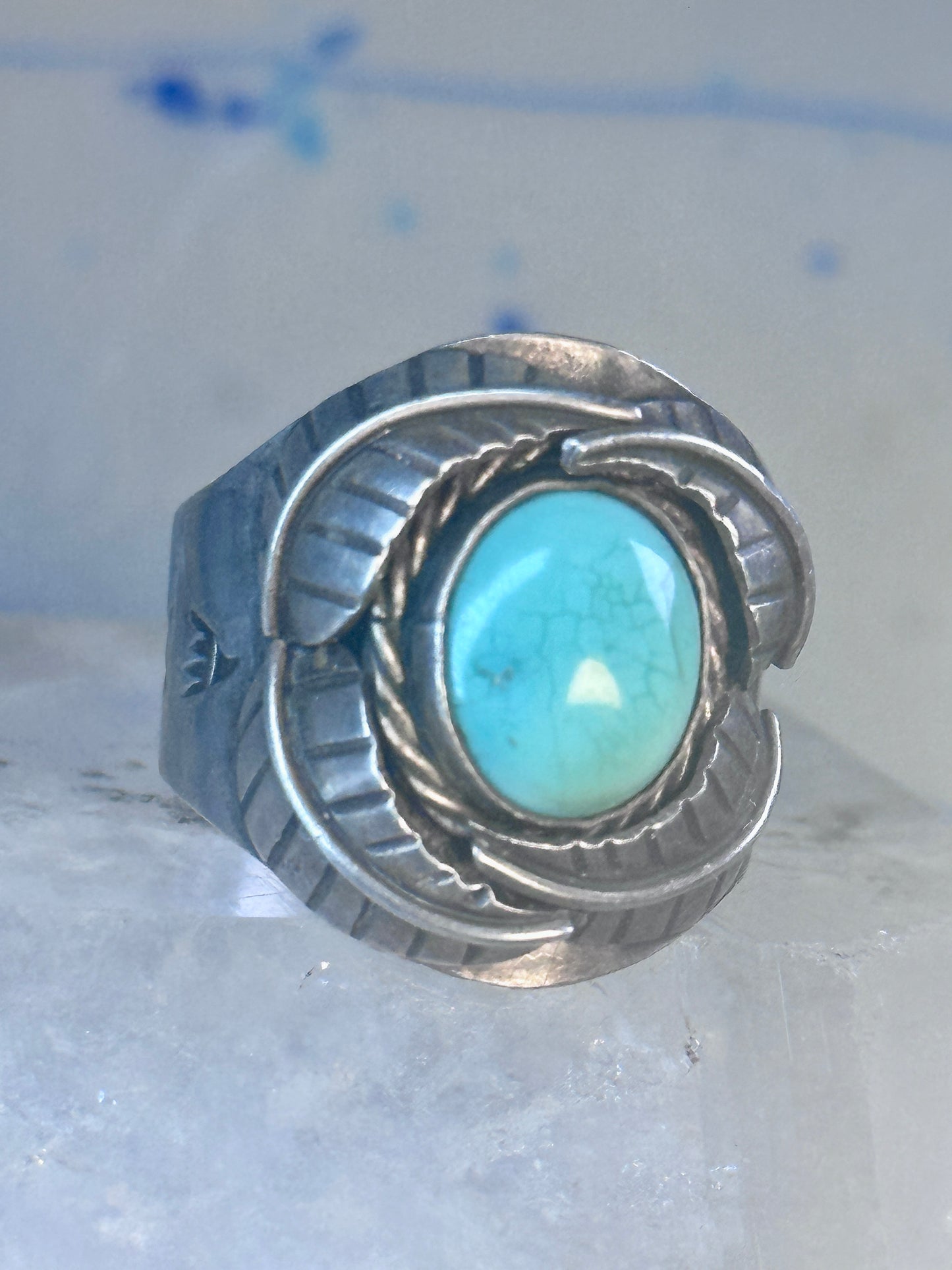 Navajo Ring Turquoise wide band leaves size 10.7 southwest sterling silver women men