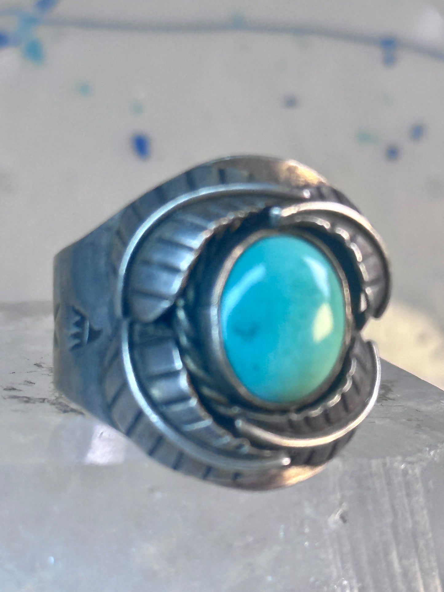 Navajo Ring Turquoise wide band leaves size 10.7 southwest sterling silver women men