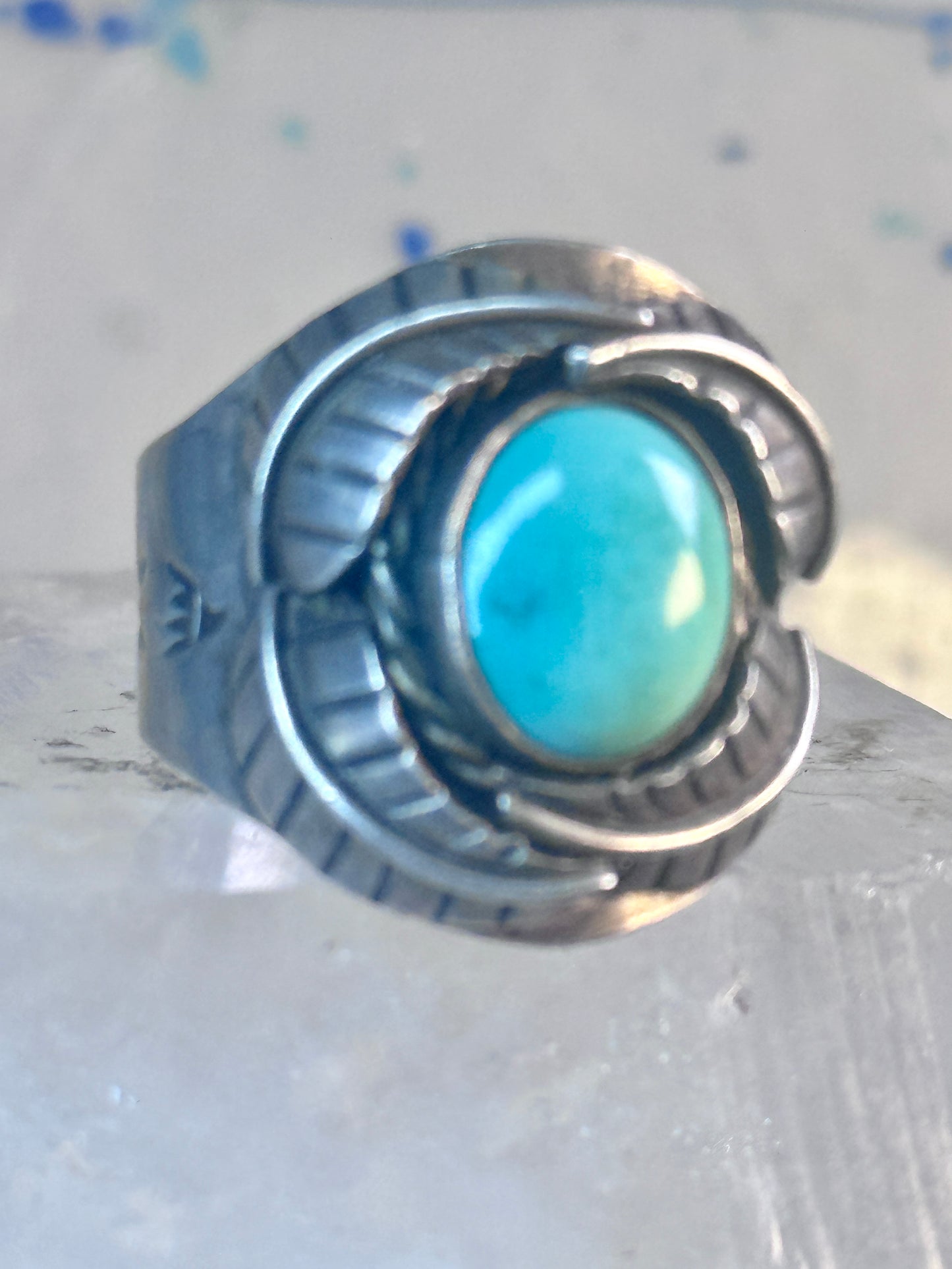 Navajo Ring Turquoise wide band leaves size 10.7 southwest sterling silver women men