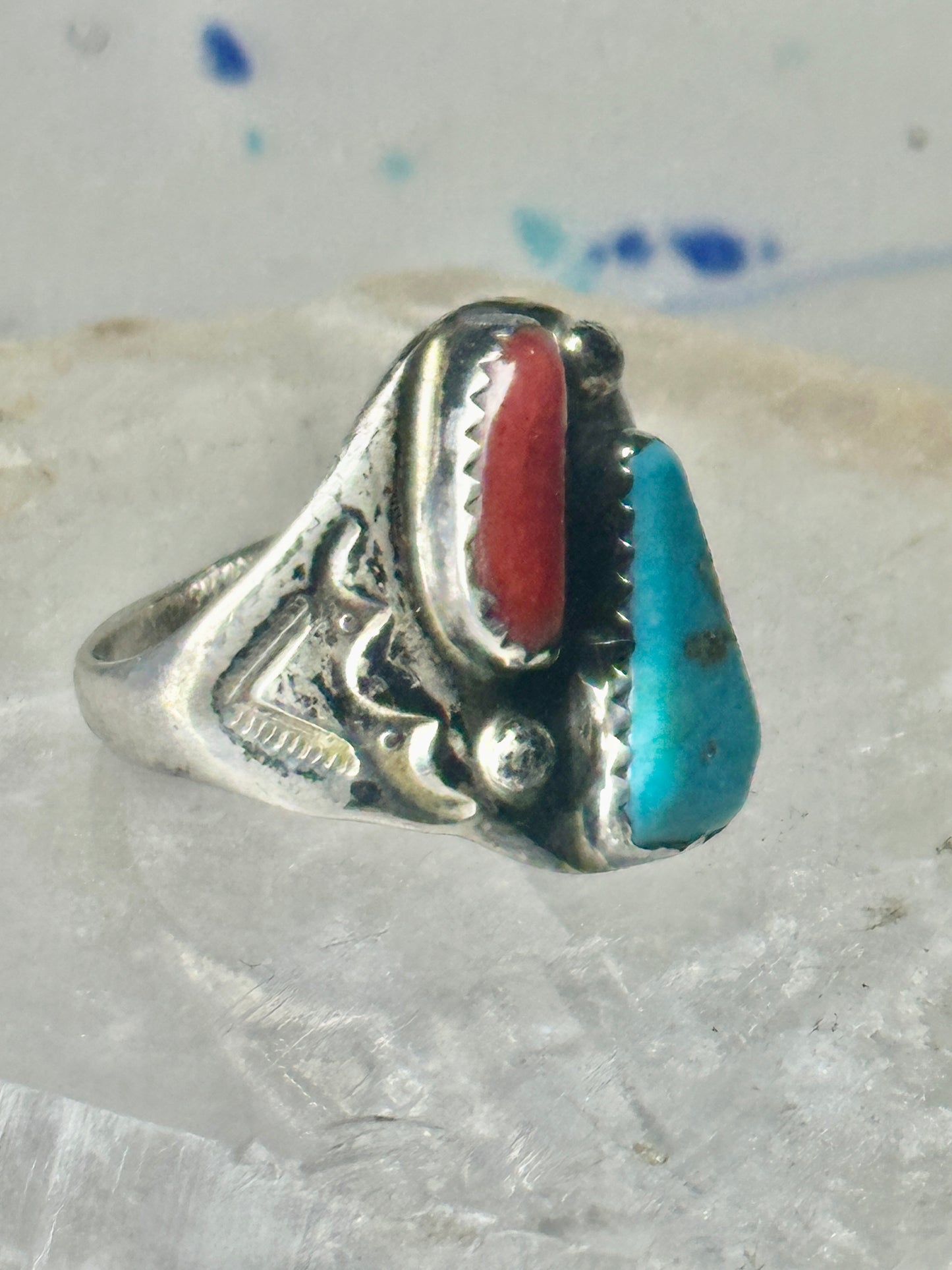 Navajo turquoise ring coral etched band size 9.5 sterling silver women men