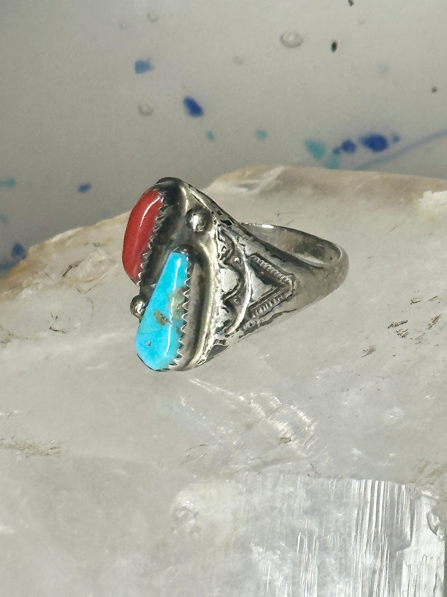 Navajo turquoise ring coral etched band size 9.5 sterling silver women men