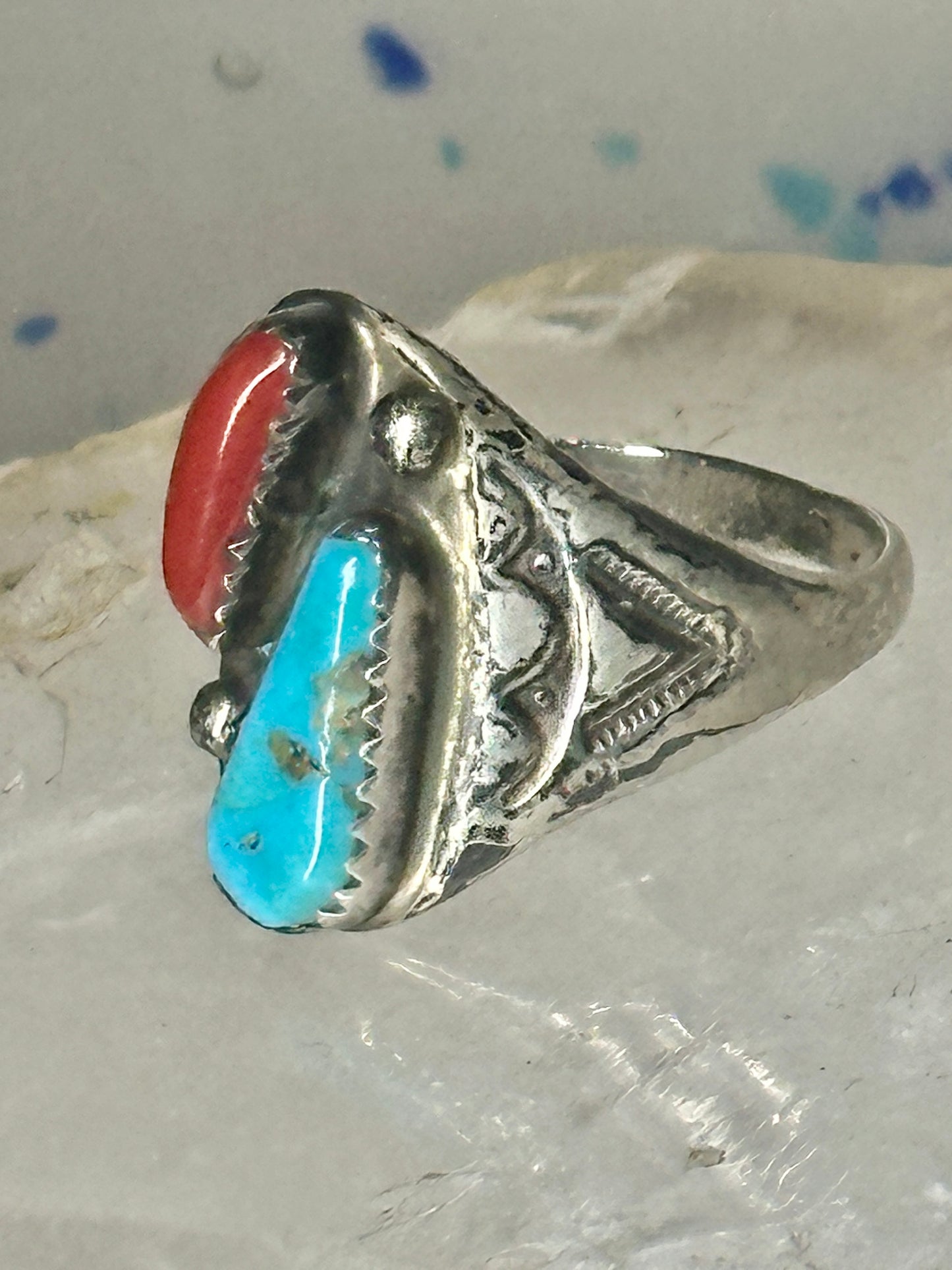 Navajo turquoise ring coral etched band size 9.5 sterling silver women men