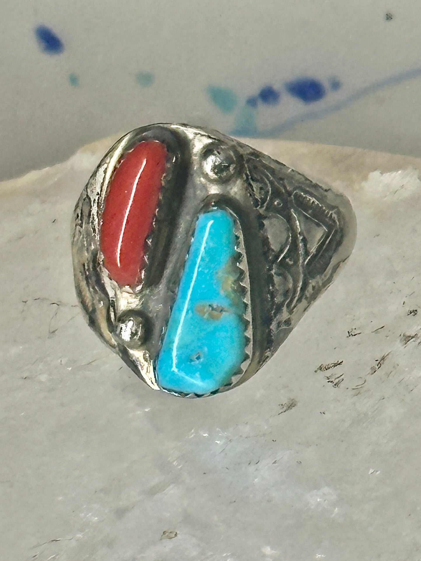 Navajo turquoise ring coral etched band size 9.5 sterling silver women men