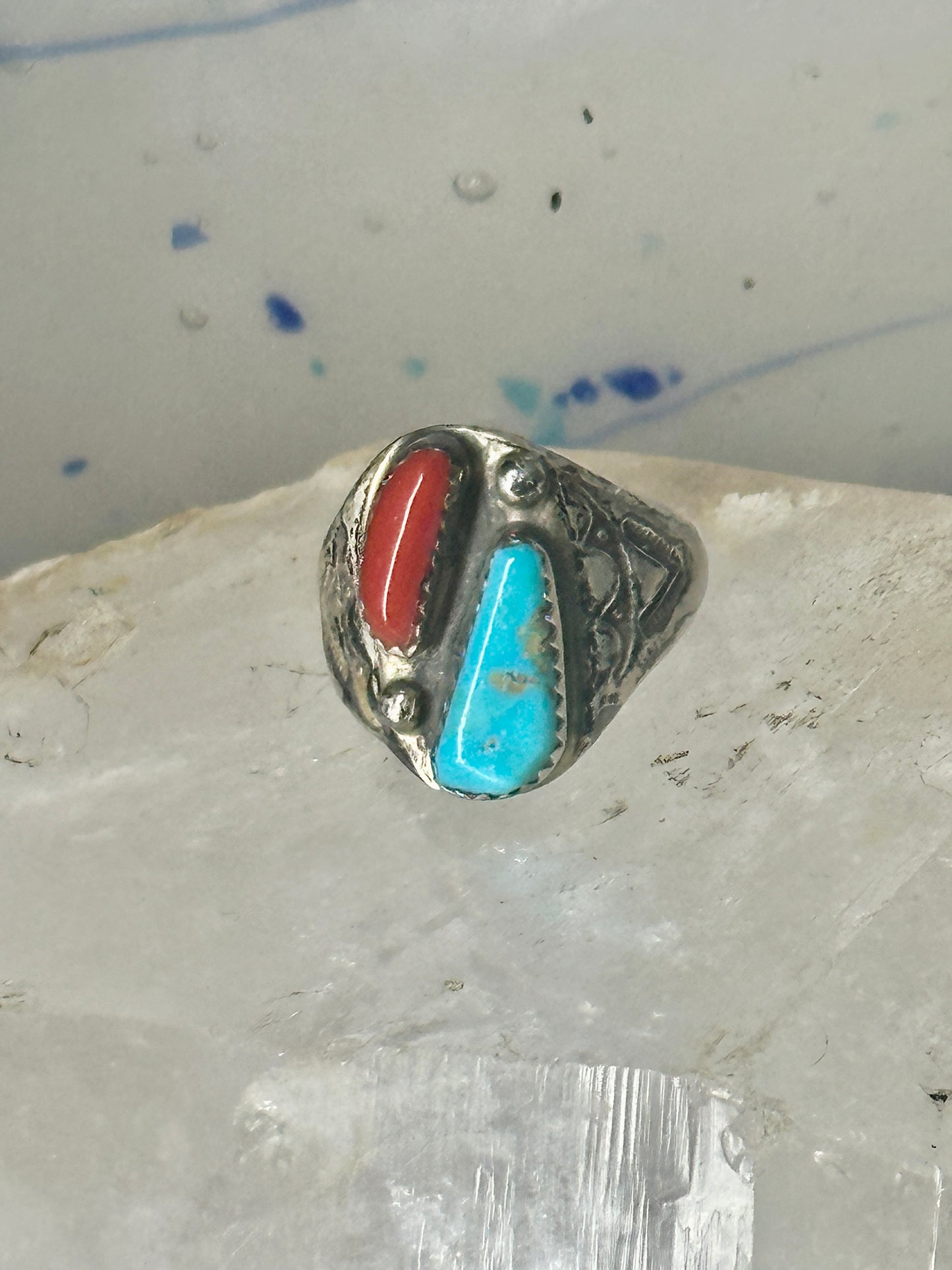 Navajo turquoise ring coral etched band size 9.5 sterling silver women men