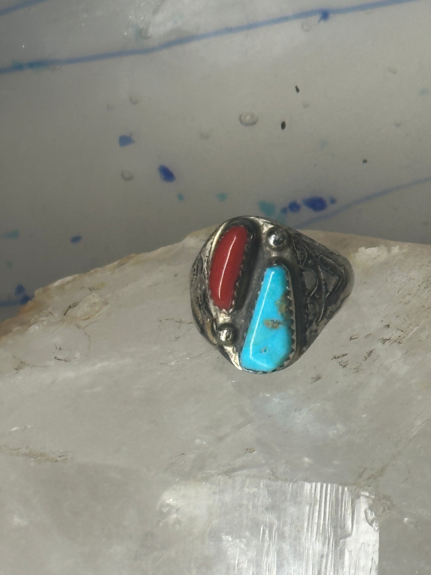 Navajo turquoise ring coral etched band size 9.5 sterling silver women men