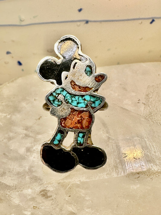 Mickey Mouse ring turquoise southwest coral chips size 7.75 sterling silver women