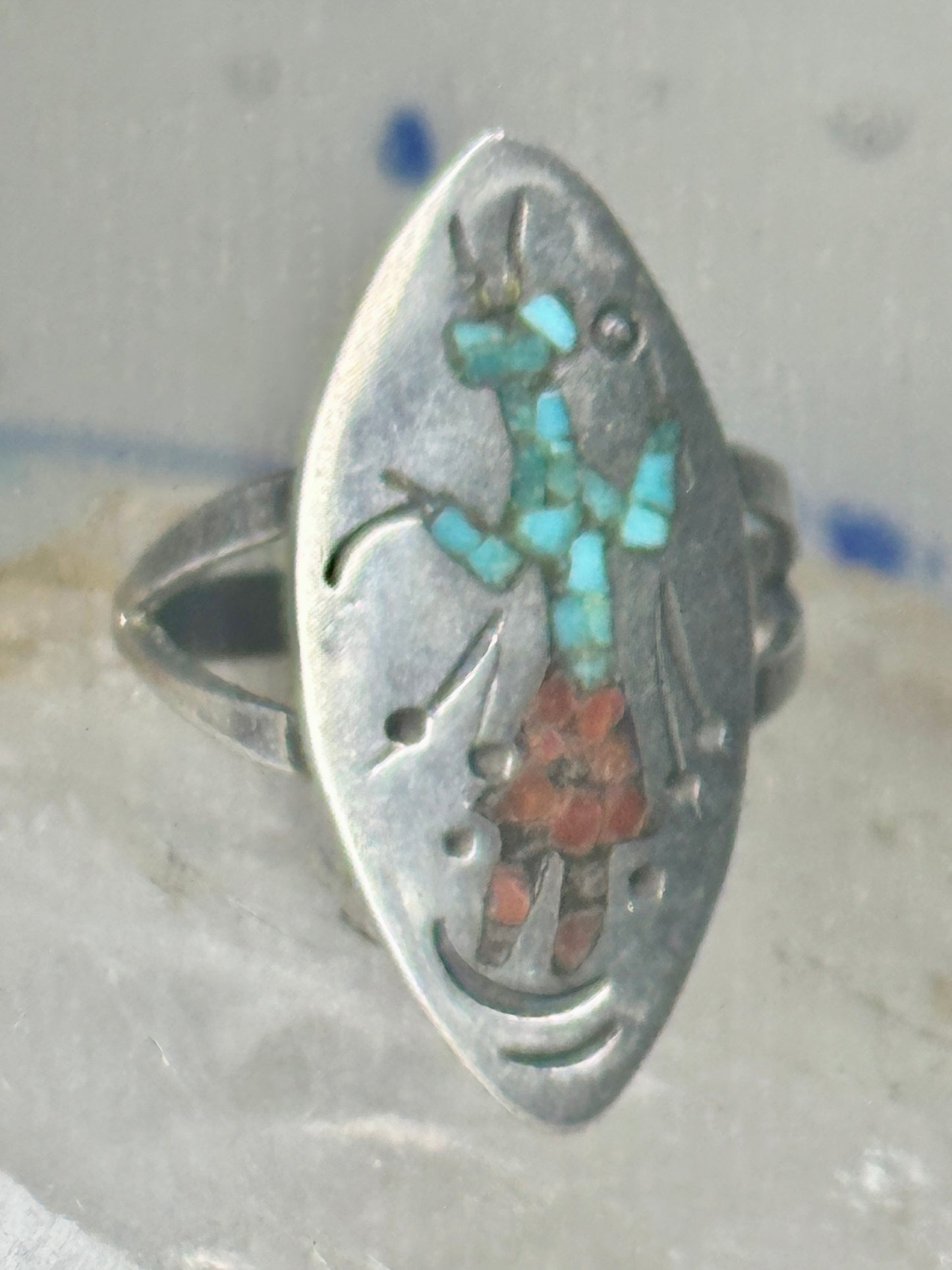 Long Kachina Ring Turquoise coral chip size 8 sterling silver women men