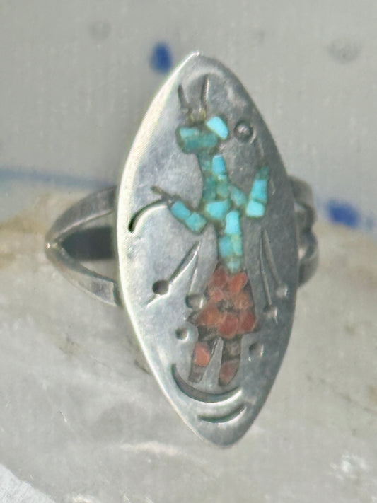 Long Kachina Ring Turquoise coral chip size 8 sterling silver women men