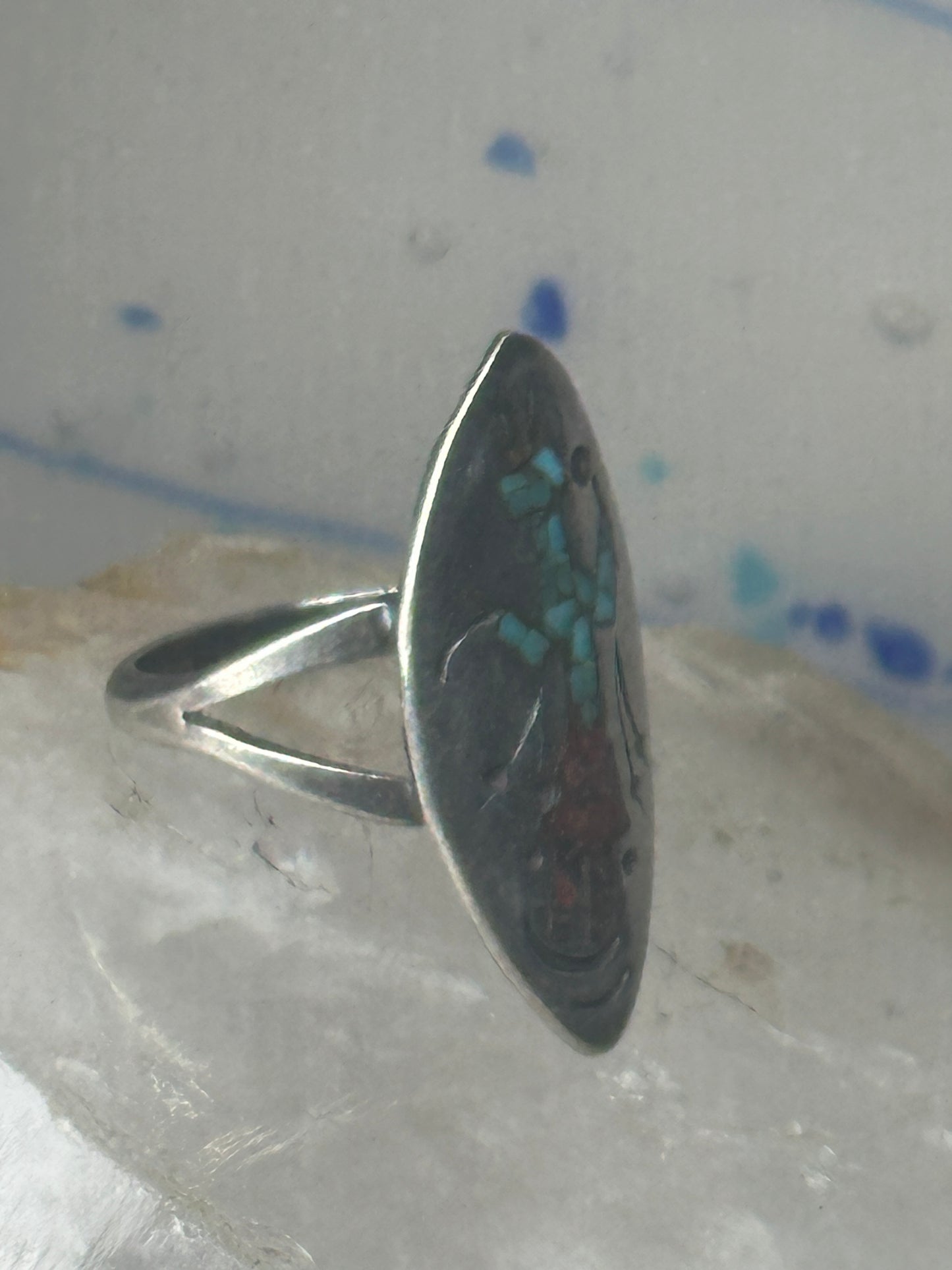 Long Kachina Ring Turquoise coral chip size 8 sterling silver women men