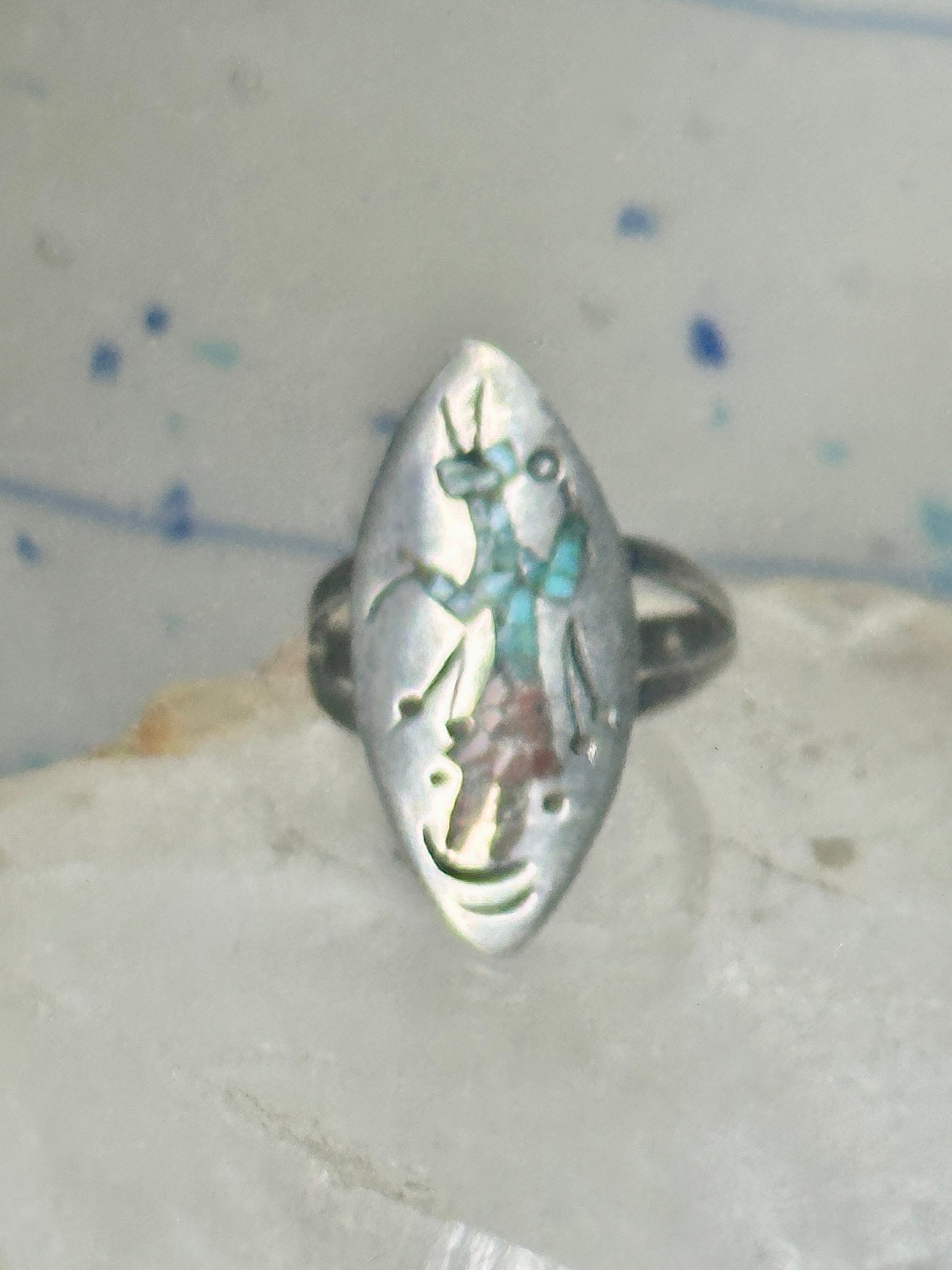 Long Kachina Ring Turquoise coral chip size 8 sterling silver women men