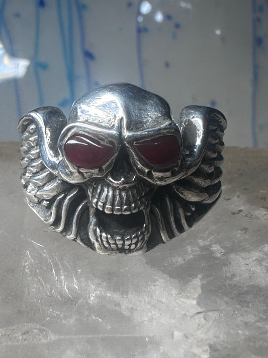 Skull ring with wings biker band reddish Carnelian eyes size 13 sterling silver women men