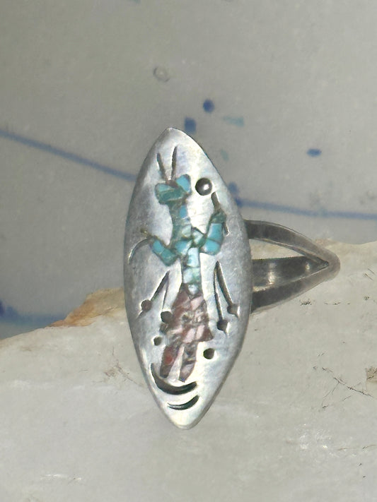 Long Kachina Ring Turquoise coral chip size 8 sterling silver women men