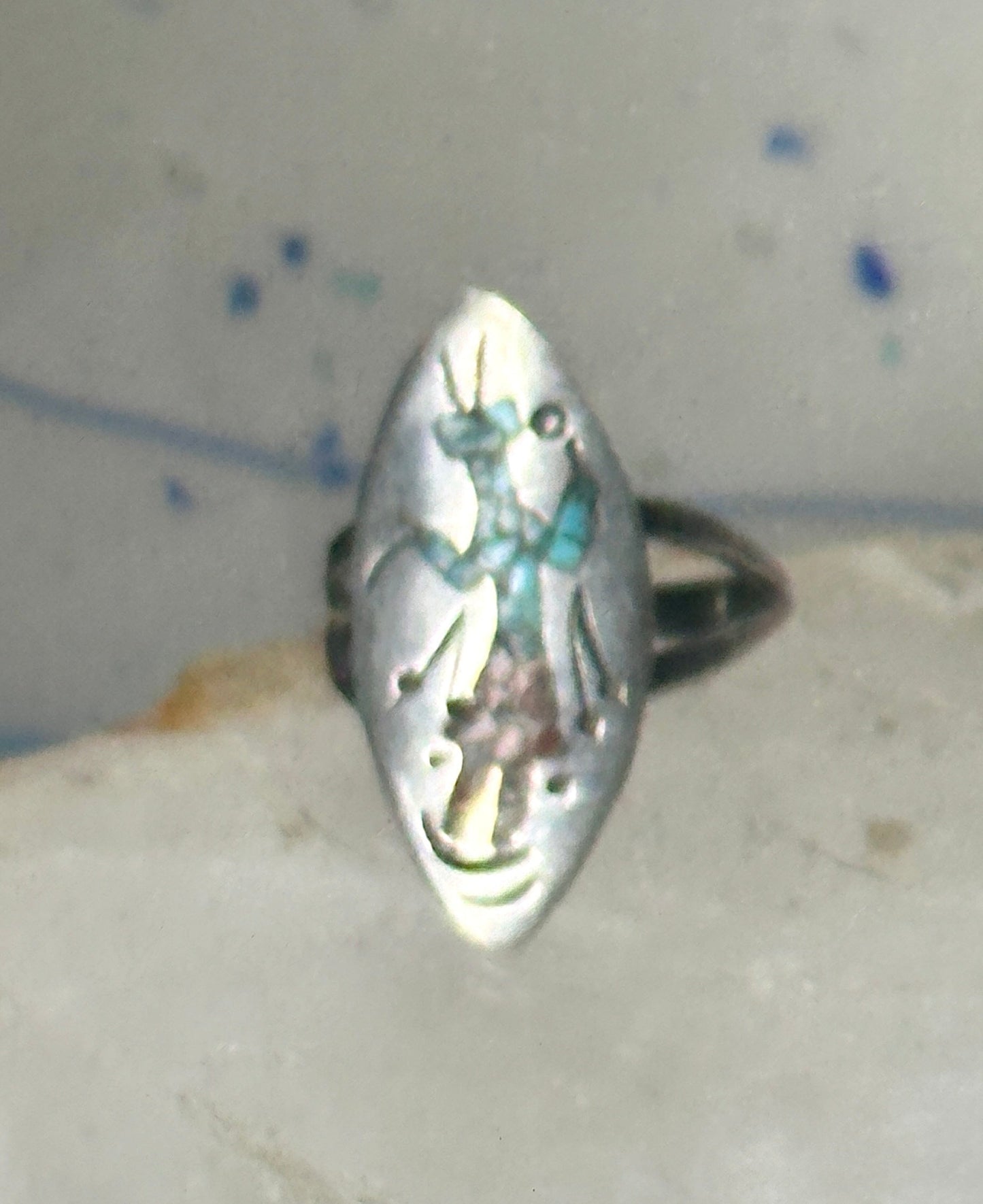 Long Kachina Ring Turquoise coral chip size 8 sterling silver women men