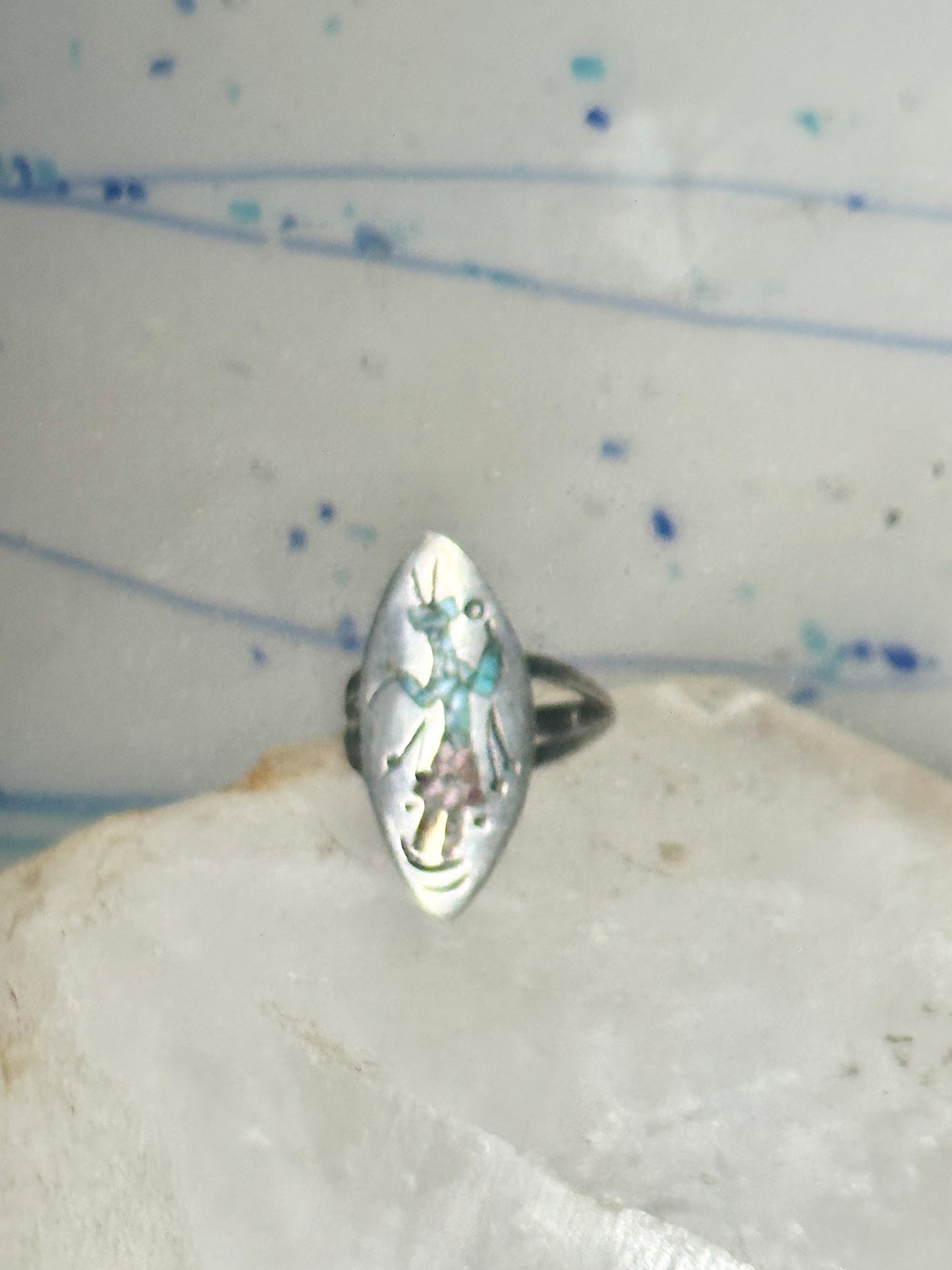 Long Kachina Ring Turquoise coral chip size 8 sterling silver women men