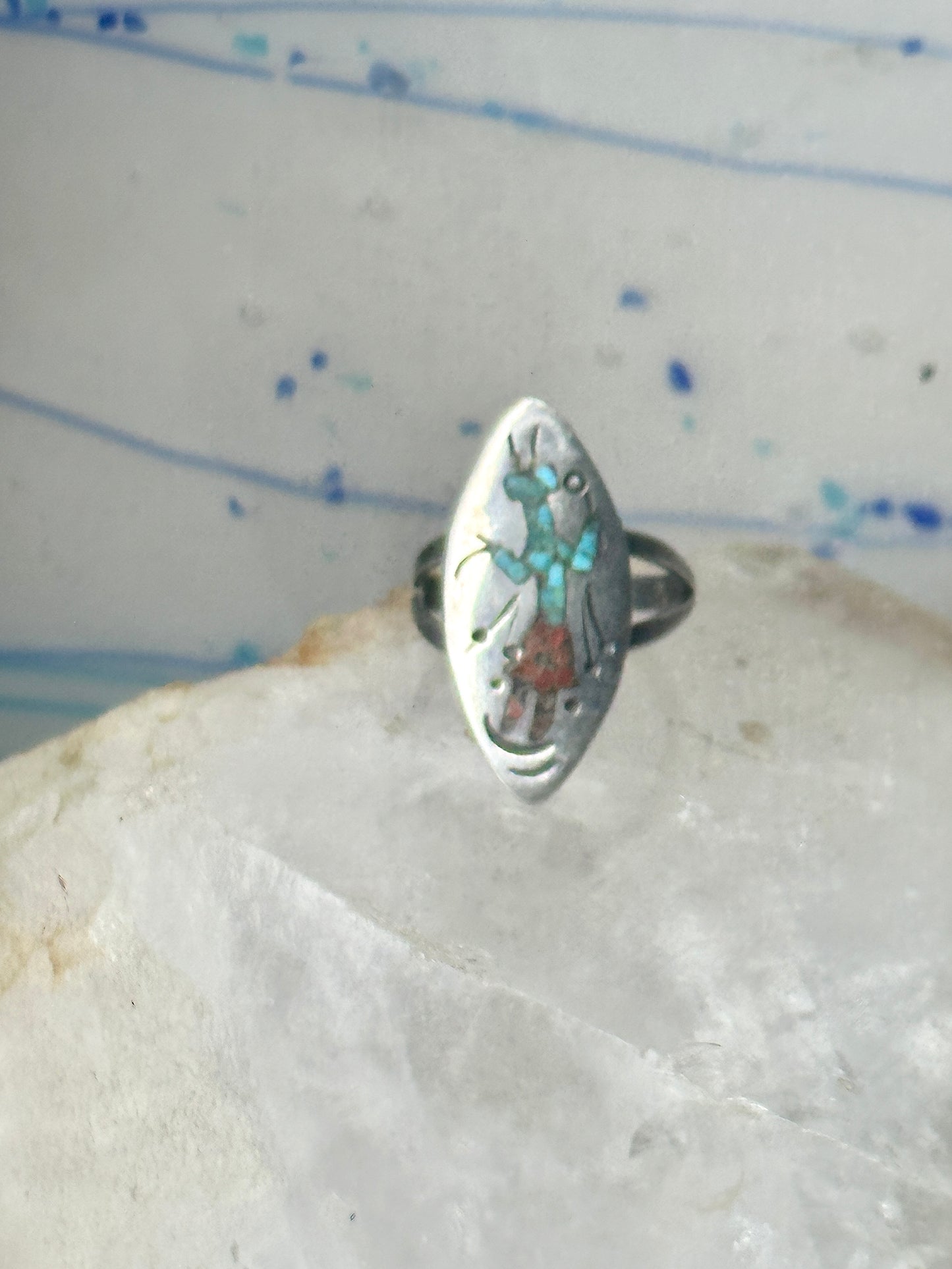 Long Kachina Ring Turquoise coral chip size 8 sterling silver women men