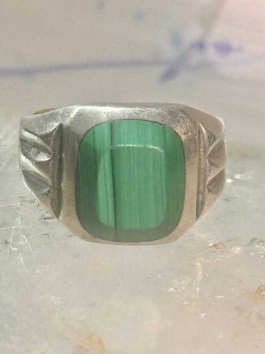 Vintage Mexican Sterling Silver Green Malachite Signet Band Ring - Size 12
