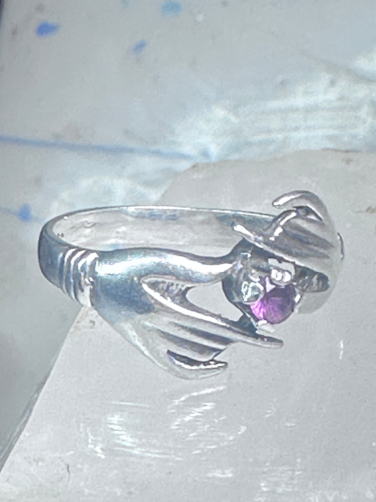 Hands ring holding stone red pinkish vintage size 7 sterling silver women girls