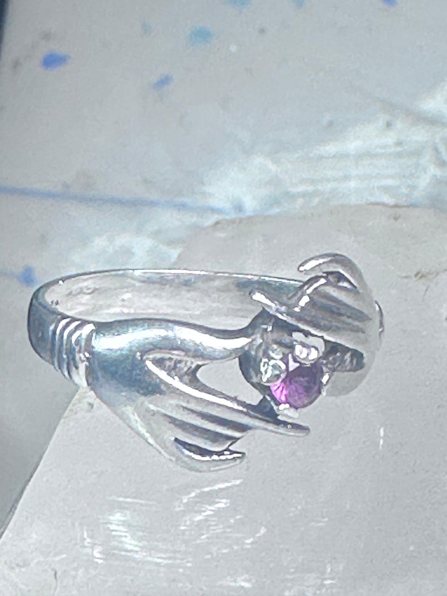 Hands ring holding stone red pinkish vintage size 7 sterling silver women girls