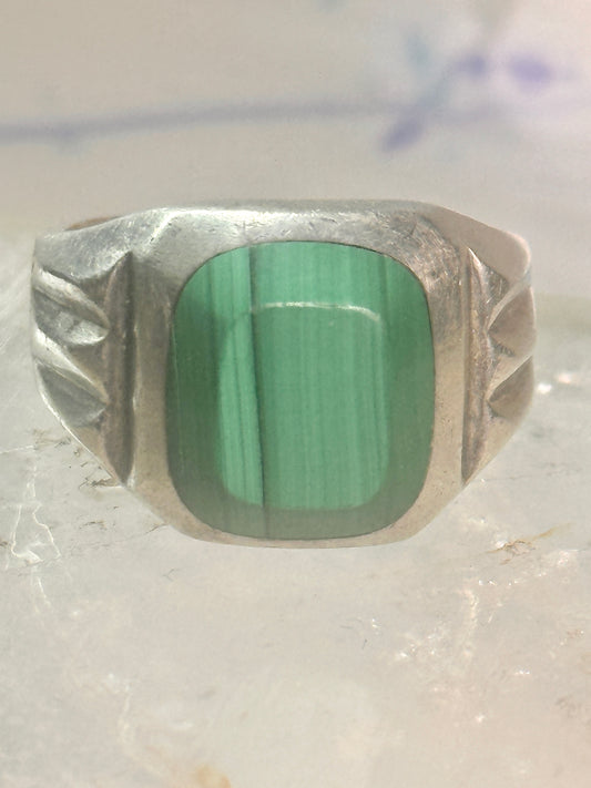 Vintage Mexican Sterling Silver Green Malachite Signet Band Ring - Size 12