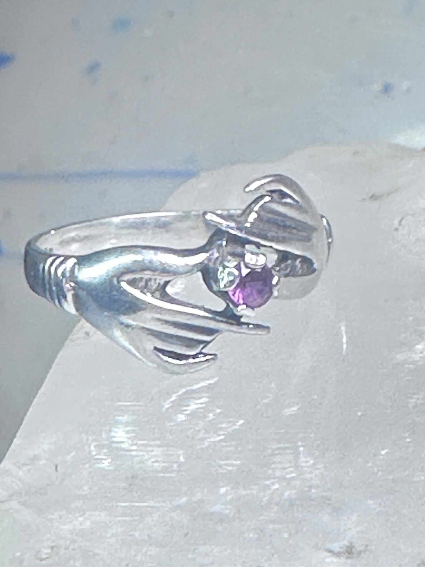 Hands ring holding stone red pinkish vintage size 7 sterling silver women girls