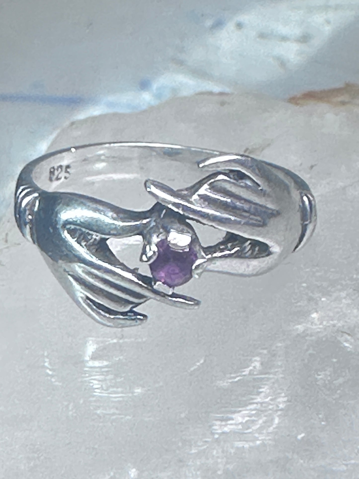 Hands ring holding stone red pinkish vintage size 7 sterling silver women girls