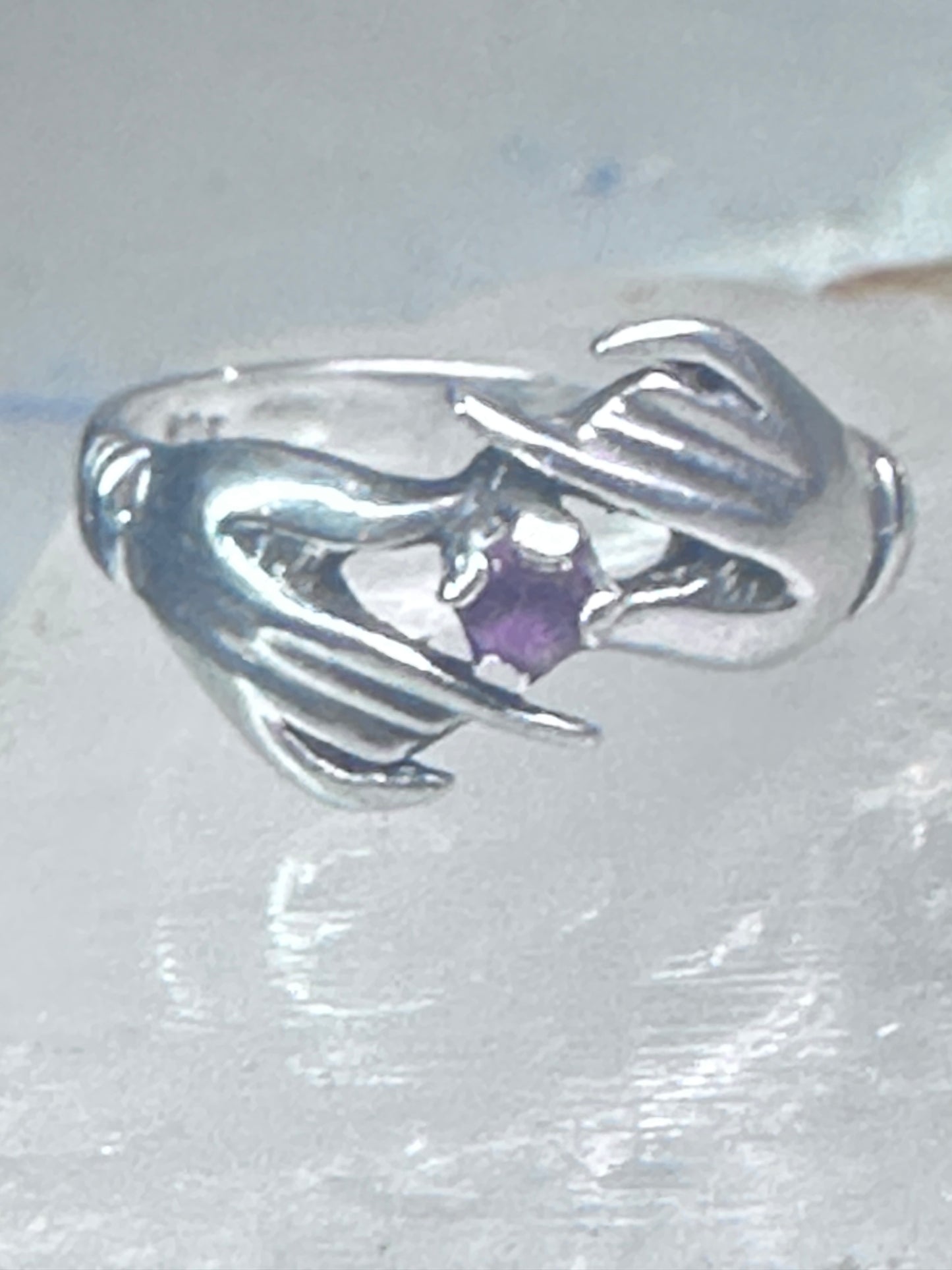 Hands ring holding stone red pinkish vintage size 7 sterling silver women girls