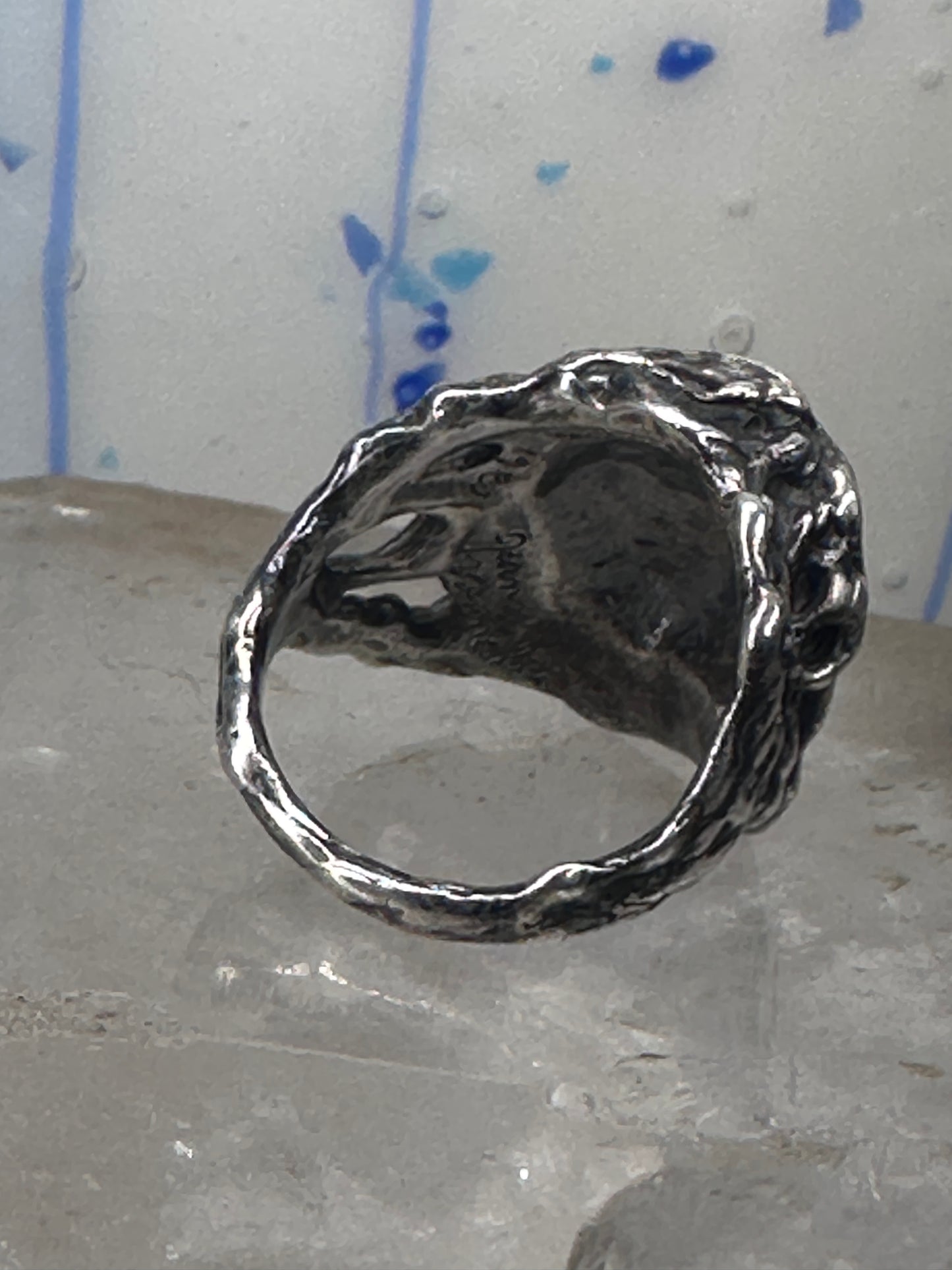 Brutalist face ring figurative band handmade size 6.50 sterling silver women