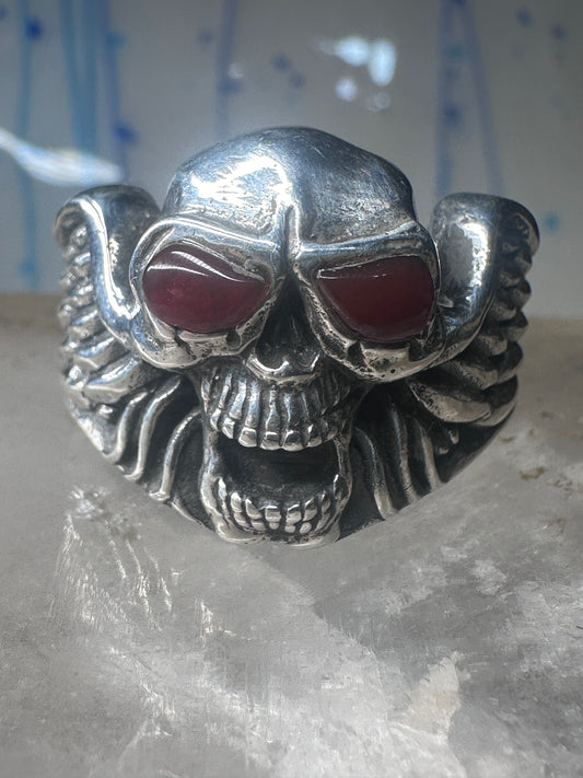 Skull ring with wings biker band reddish Carnelian eyes size 13 sterling silver women men
