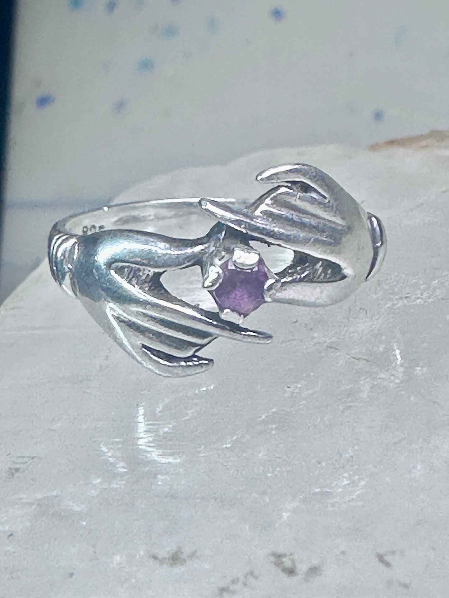 Hands ring holding stone red pinkish vintage size 7 sterling silver women girls