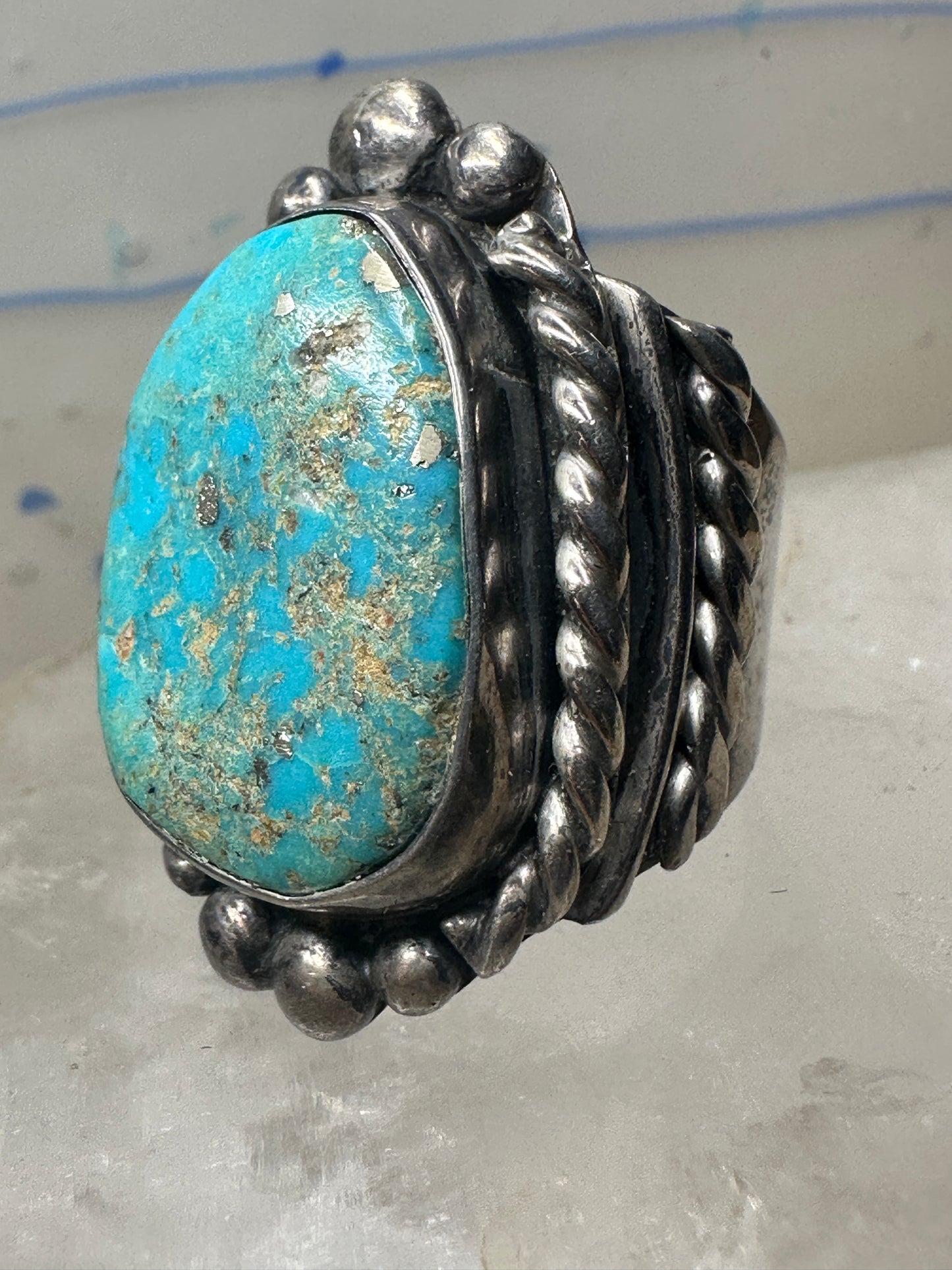 Turquoise ring Navajo Heavy wide band rope size 10 sterling silver men women