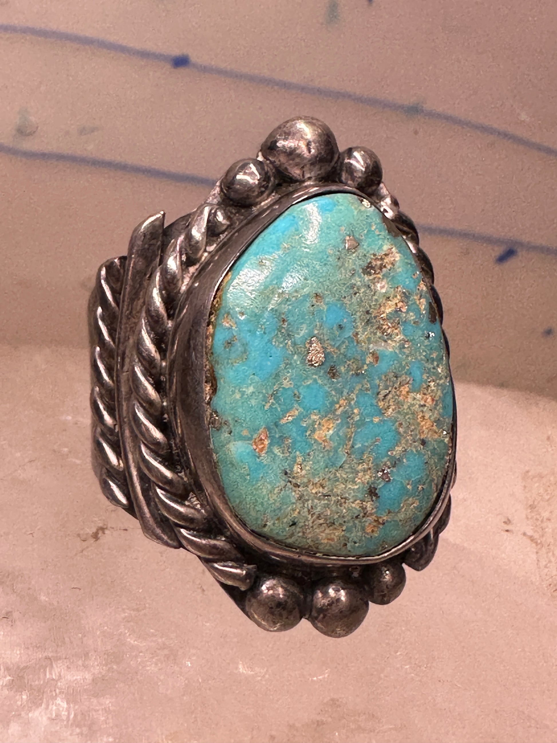Turquoise ring Navajo Heavy wide band rope size 10 sterling silver