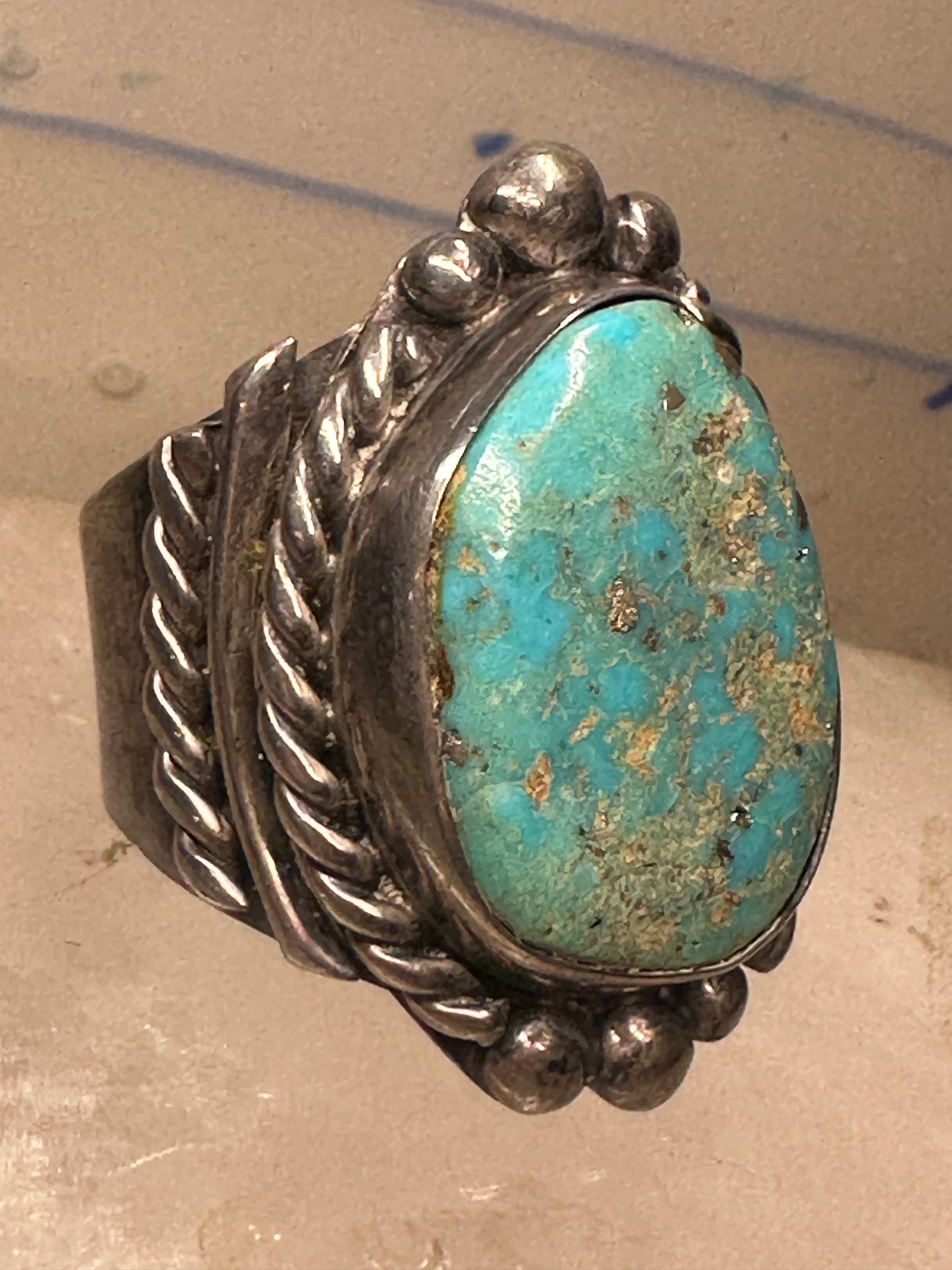 Turquoise ring Navajo Heavy wide band rope size 10 sterling silver men women