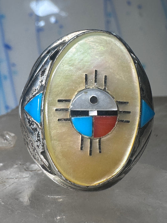 Zuni ring Turquoise Sun Face MOP coral band size 11.25 sterling silver women men