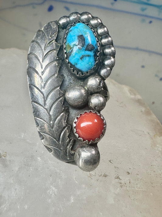 Turquoise coral ring size 6 Navajo feather sterling silver women