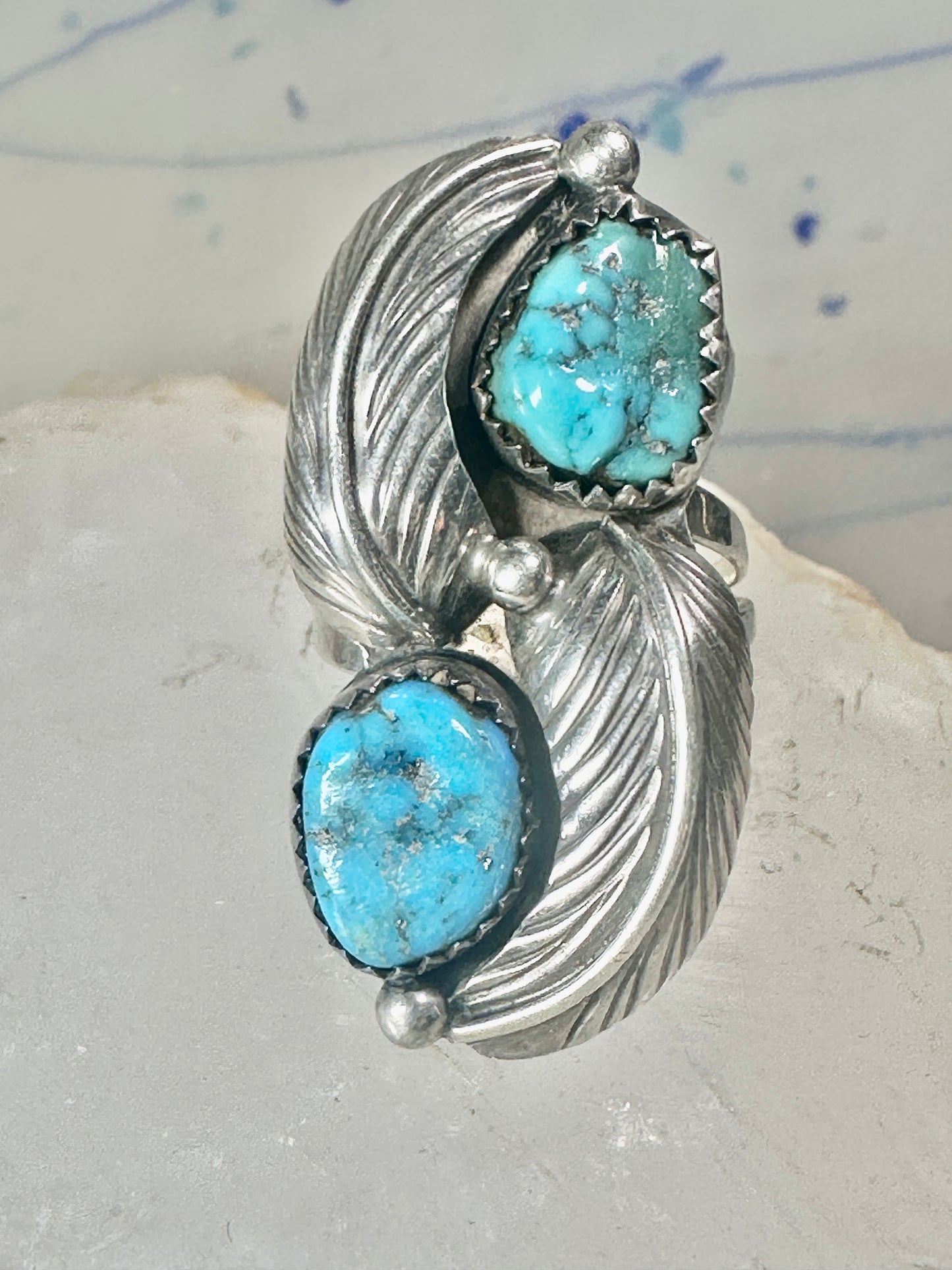 Long Navajo ring turquoise Ellen Myrtle feathers size 6 sterling silver women