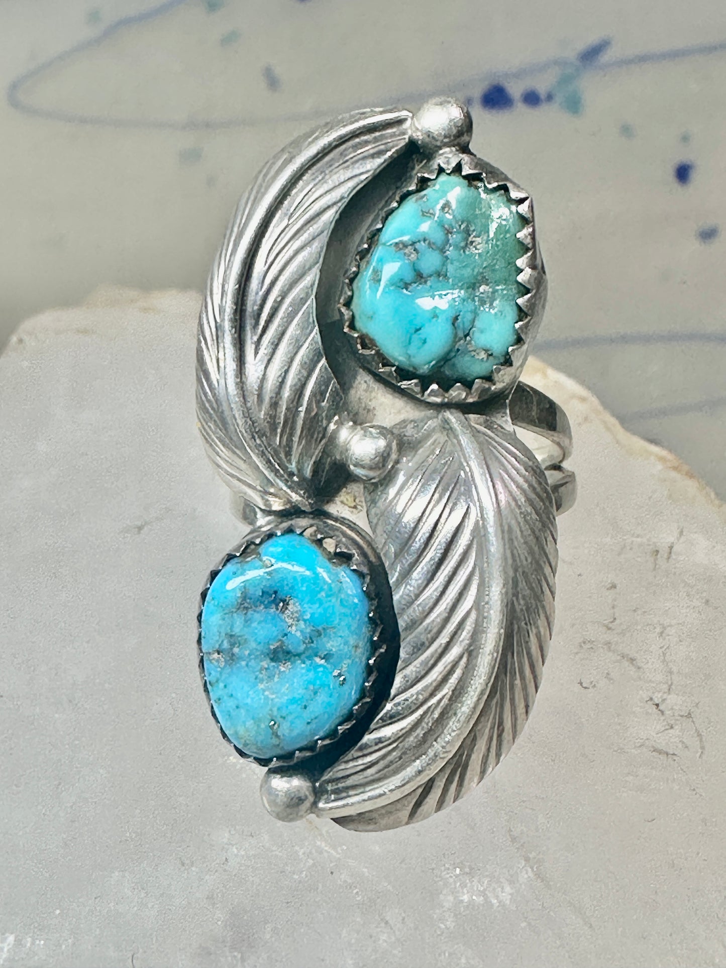 Long Navajo ring turquoise Ellen Myrtle feathers size 6 sterling silver women