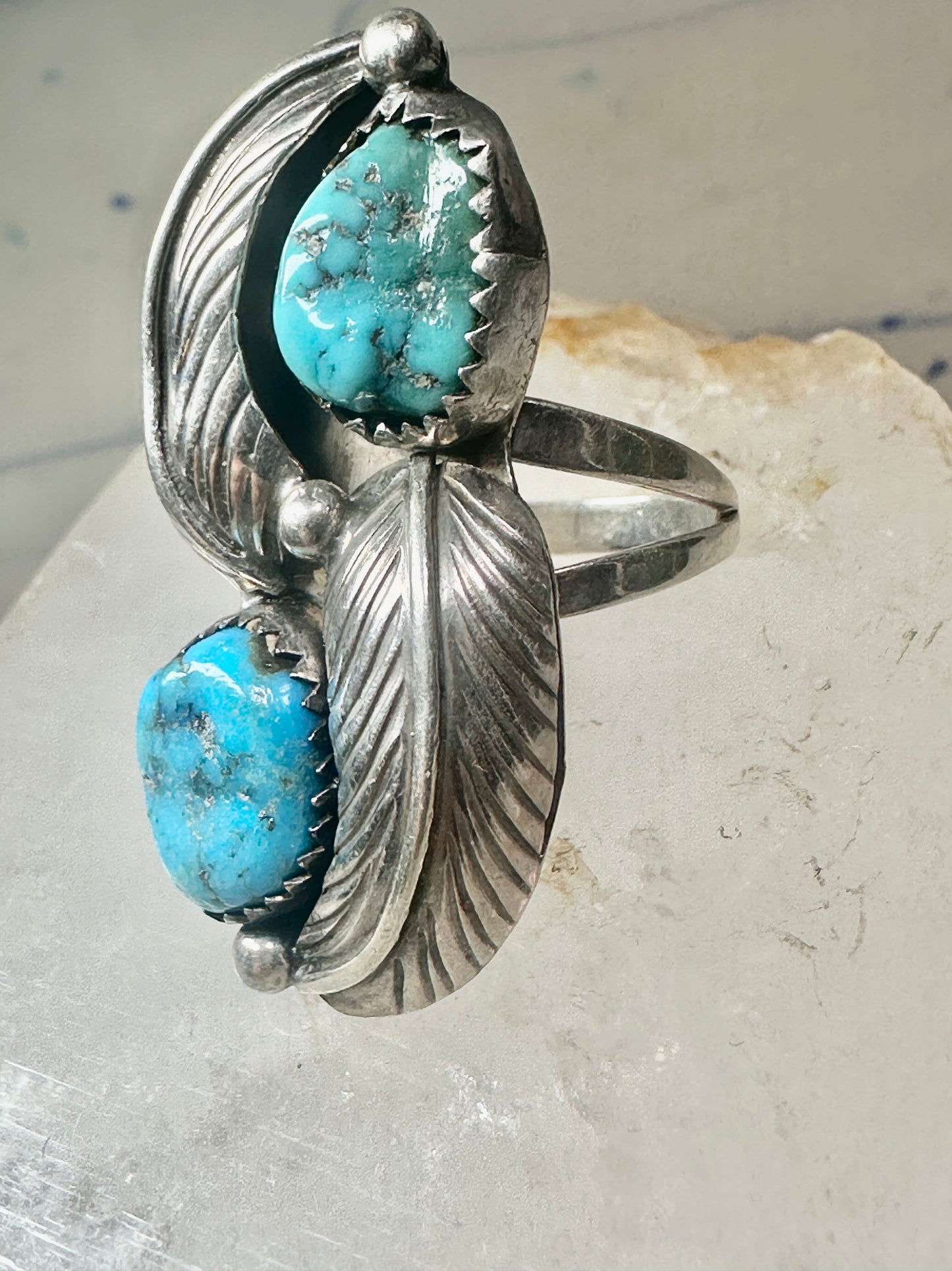 Long Navajo ring turquoise Ellen Myrtle feathers size 6 sterling silver women