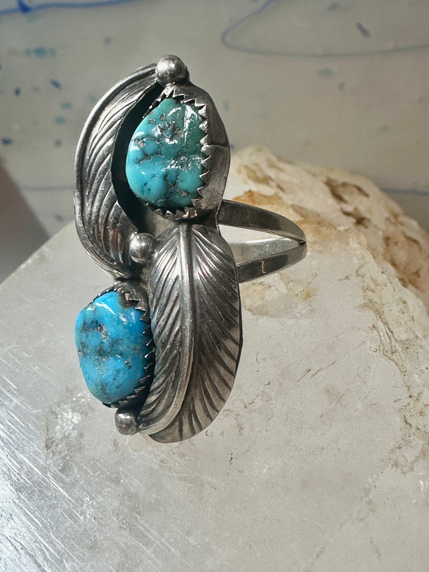 Long Navajo ring turquoise Ellen Myrtle feathers size 6 sterling silver women