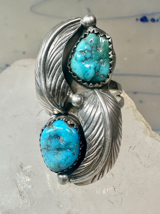 Long Navajo ring turquoise Ellen Myrtle feathers size 6 sterling silver women