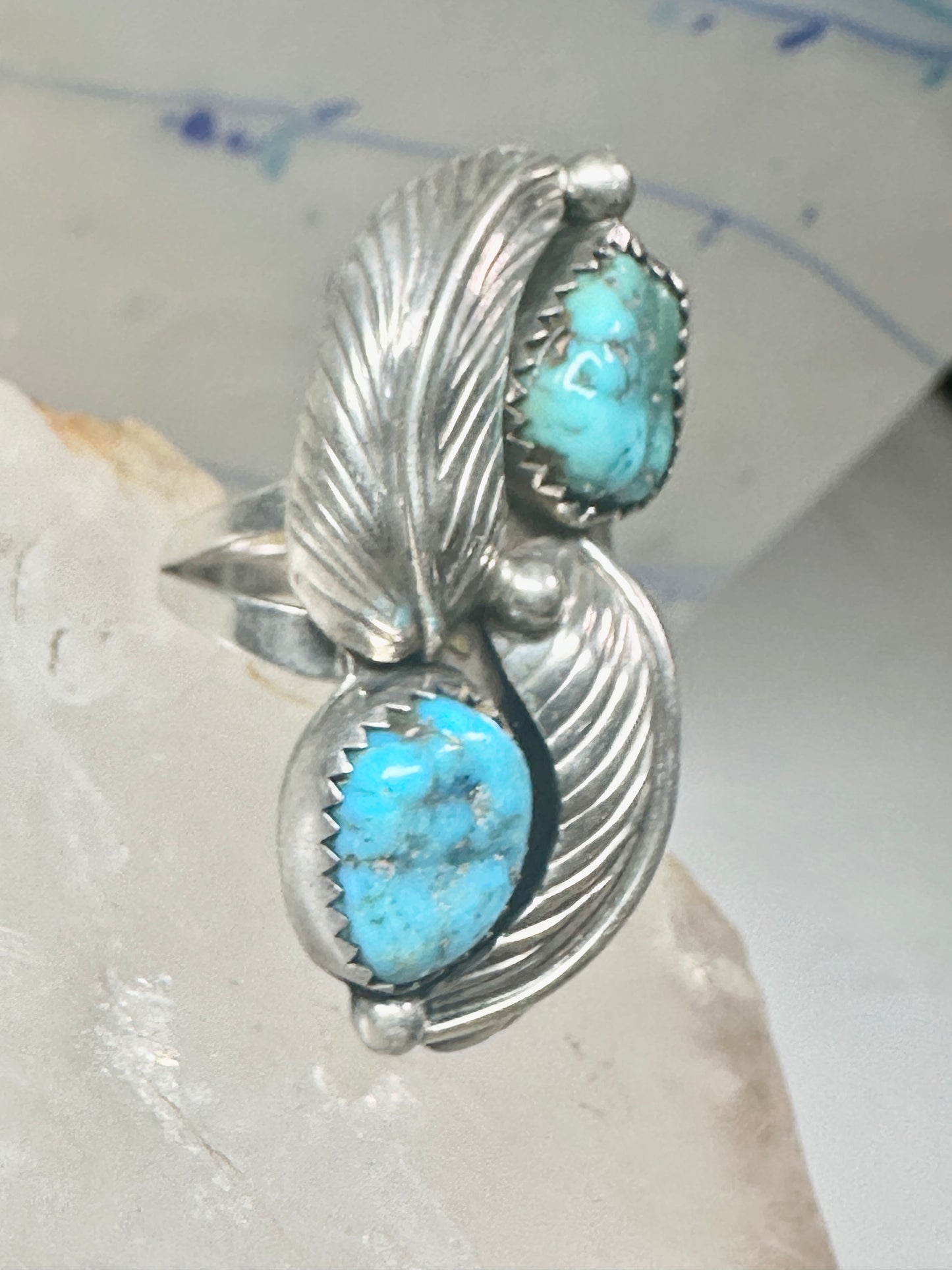 Long Navajo ring turquoise Ellen Myrtle feathers size 6 sterling silver women