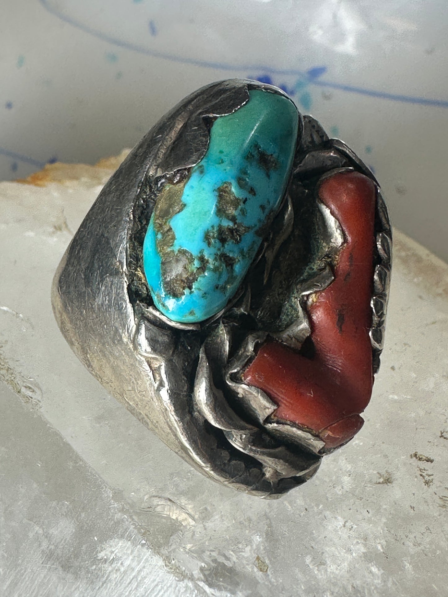 Navajo ring Turquoise Coral heavy band size 10 sterling silver women men