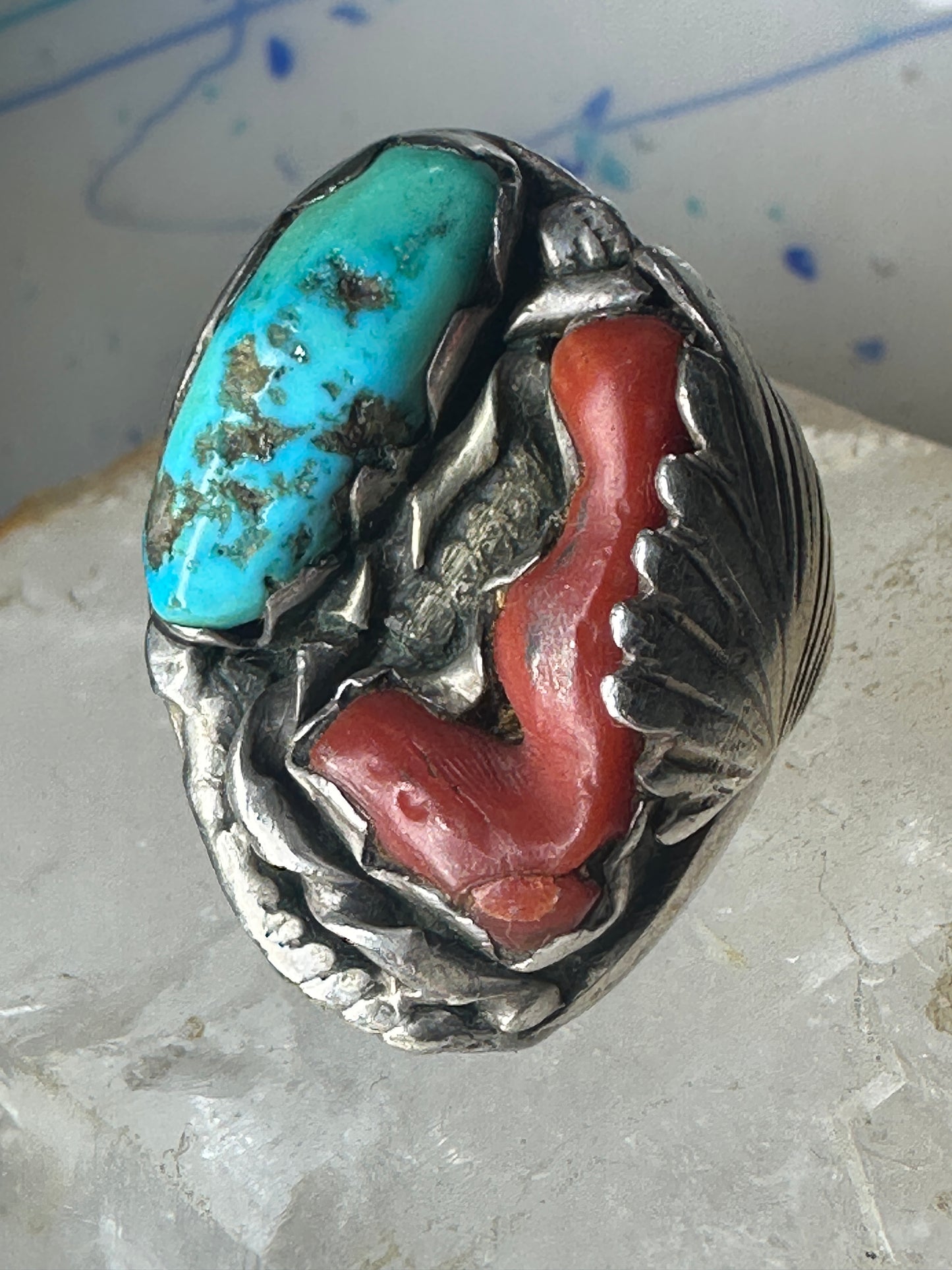 Navajo ring Turquoise Coral heavy band size 10 sterling silver women men