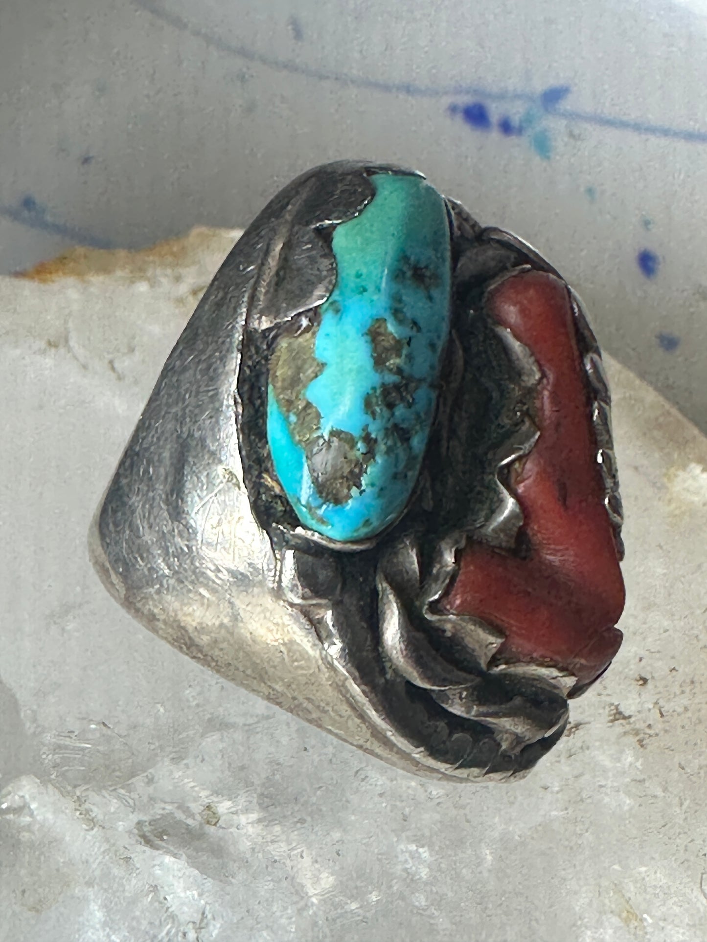 Navajo ring Turquoise Coral heavy band size 10 sterling silver women men