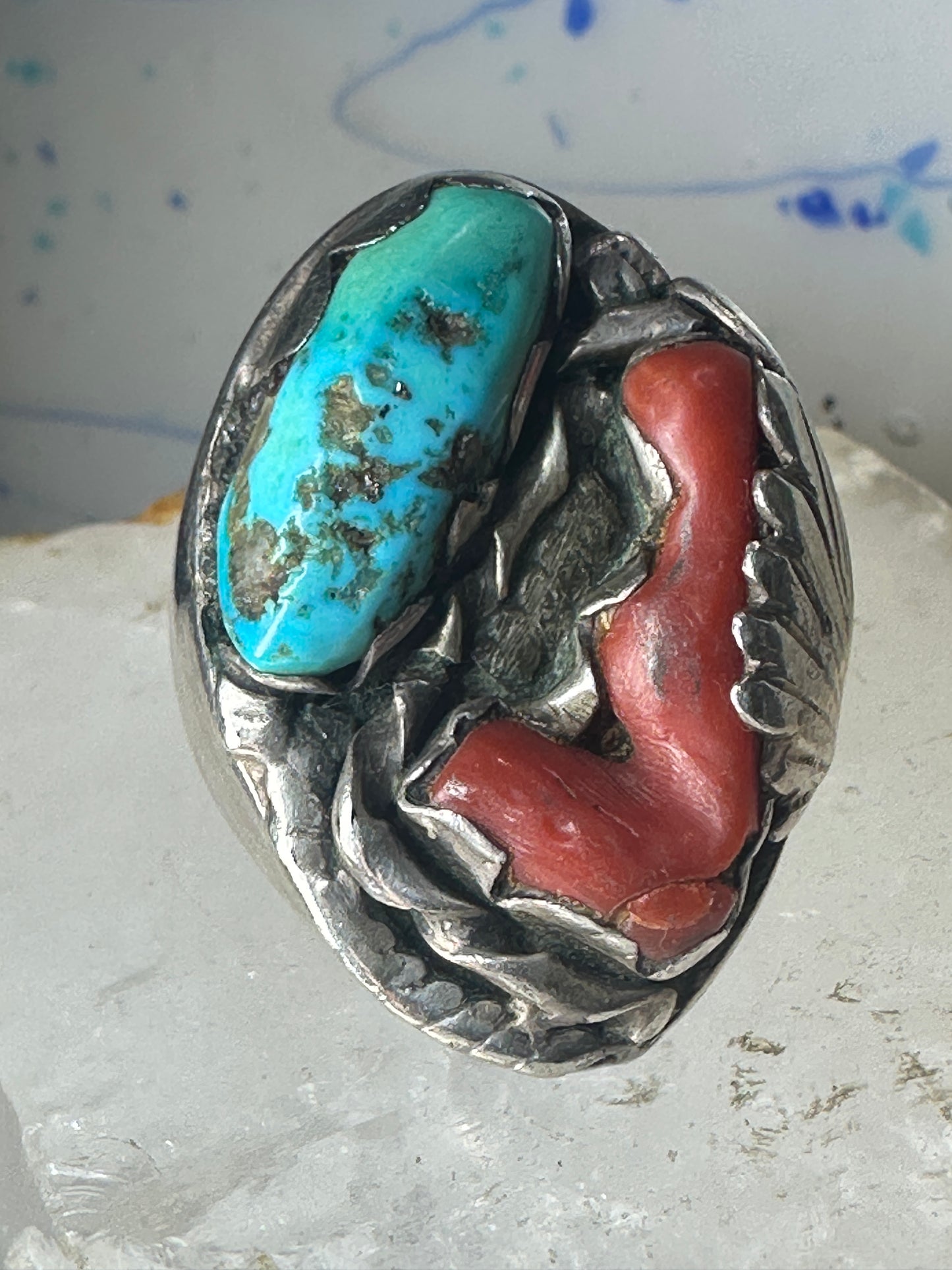 Navajo ring Turquoise Coral heavy band size 10 sterling silver women men