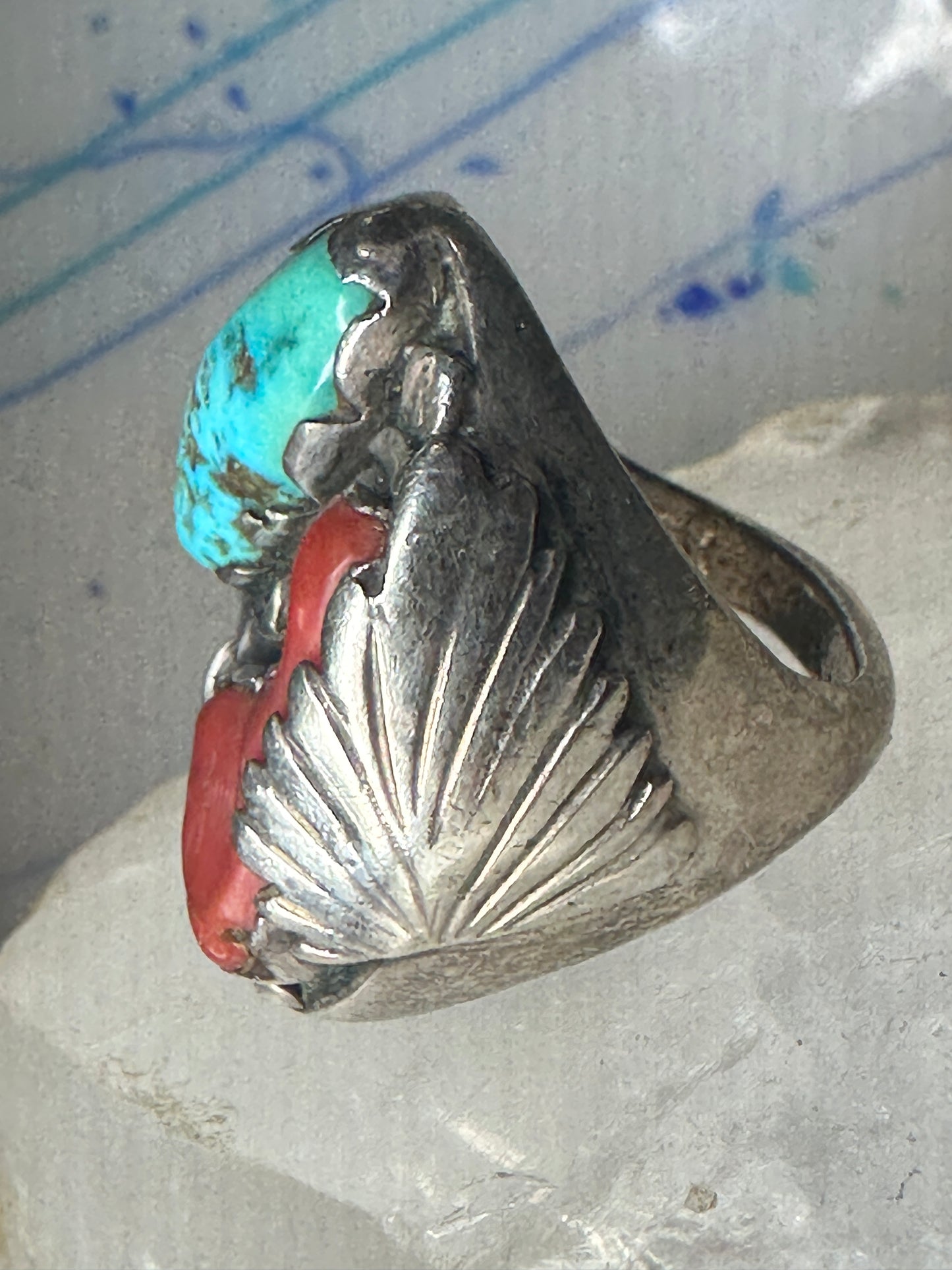 Navajo ring Turquoise Coral heavy band size 10 sterling silver women men