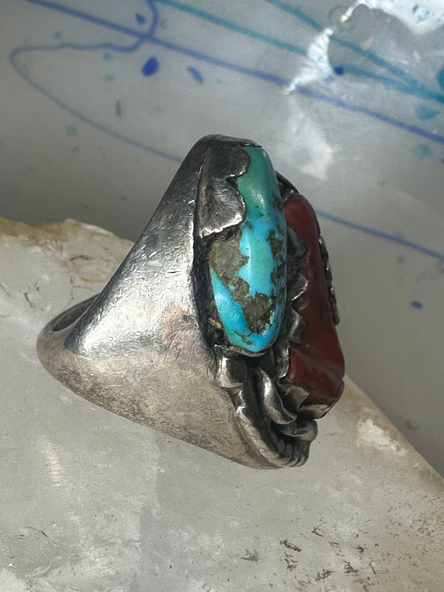 Navajo ring Turquoise Coral heavy band size 10 sterling silver women men