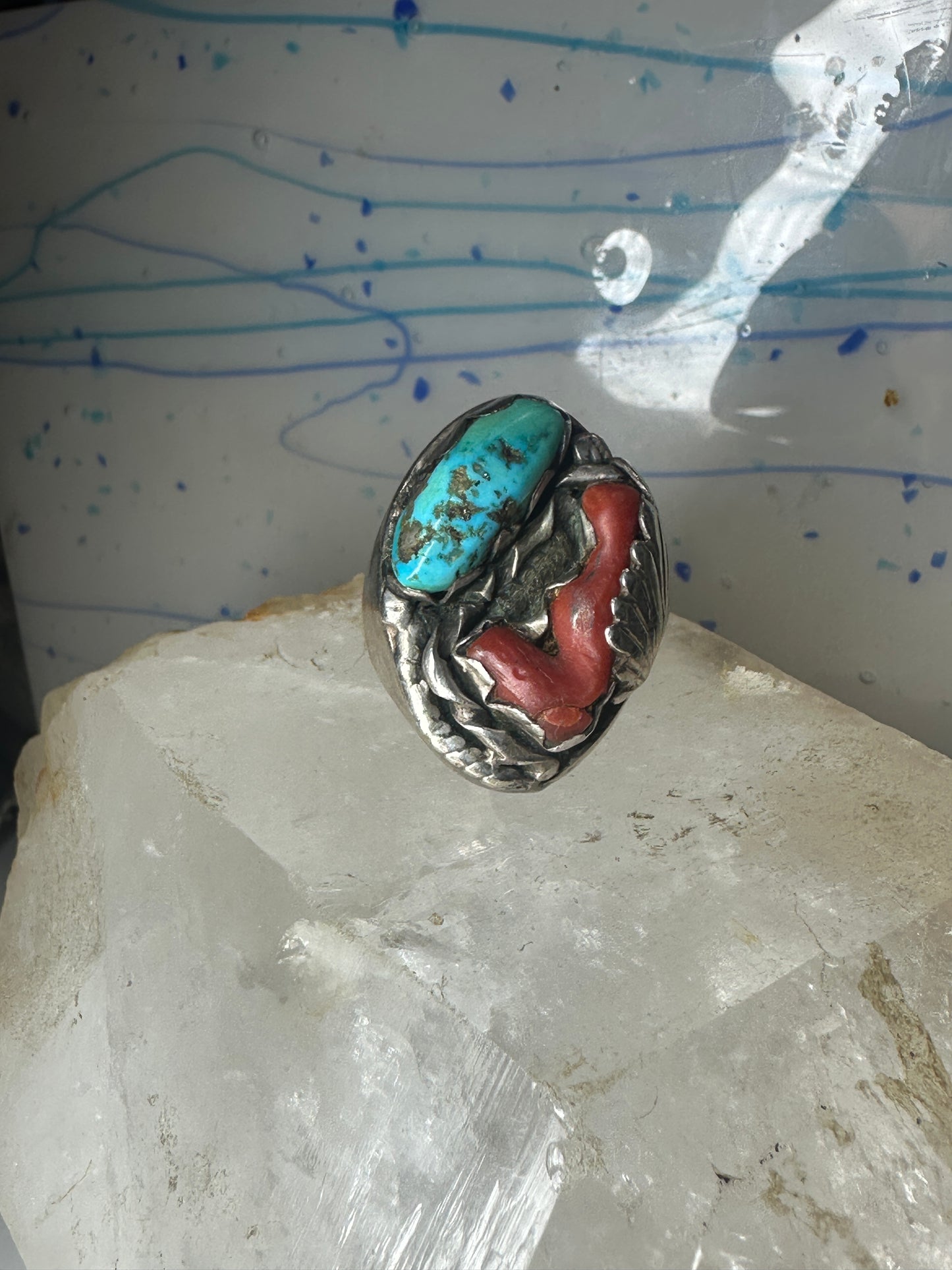 Navajo ring Turquoise Coral heavy band size 10 sterling silver women men