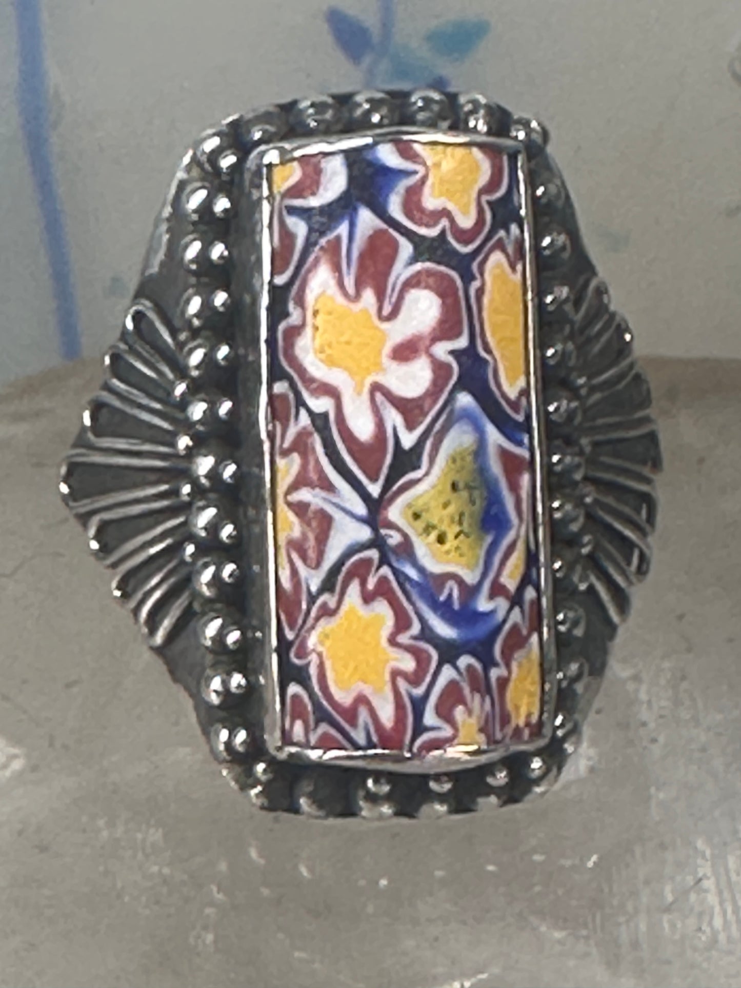 Millefiori floral ring size 9.25 sterling silver flowers long knuckle band women girls