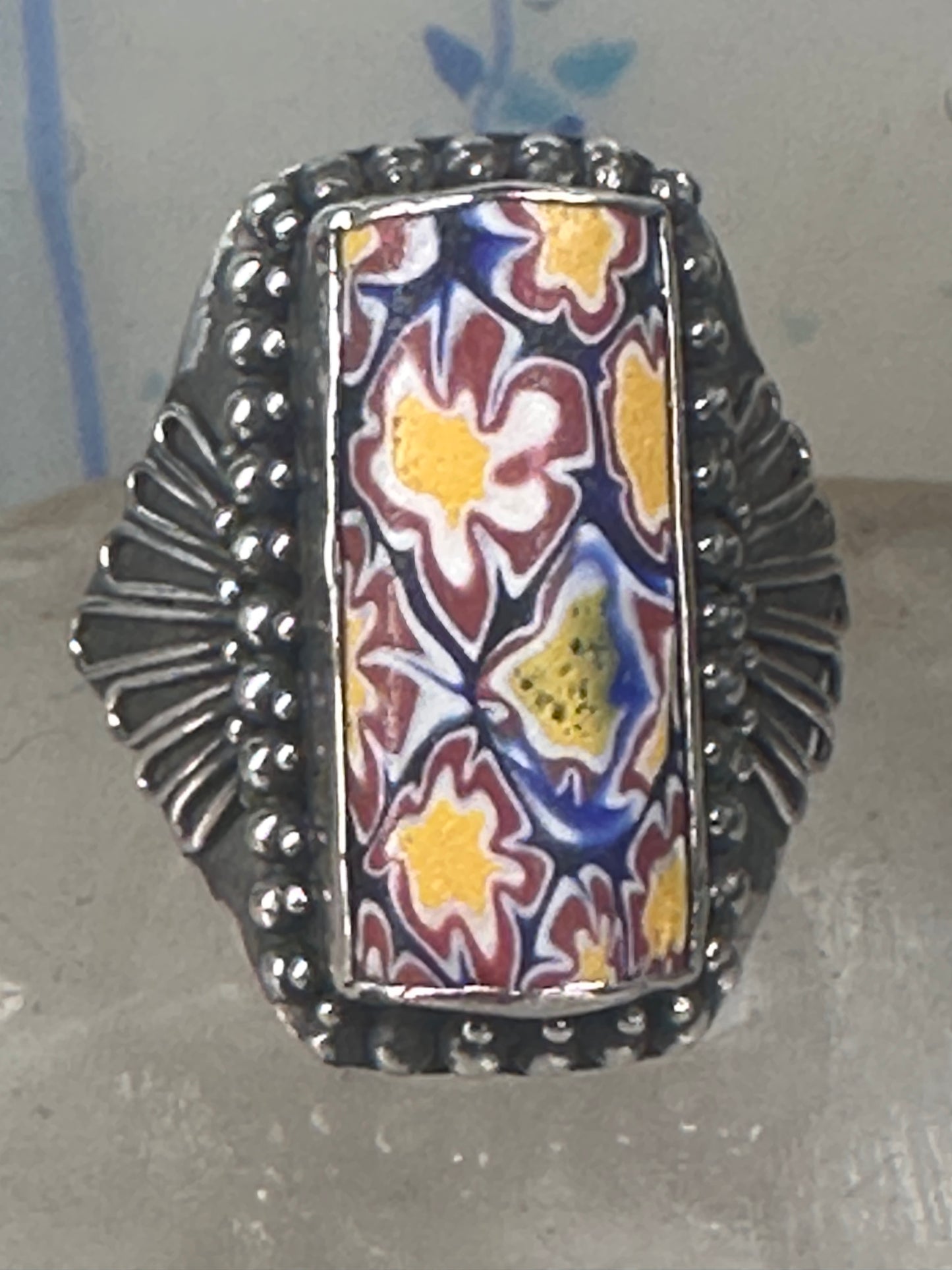 Millefiori floral ring size 9.25 sterling silver flowers long knuckle band women girls