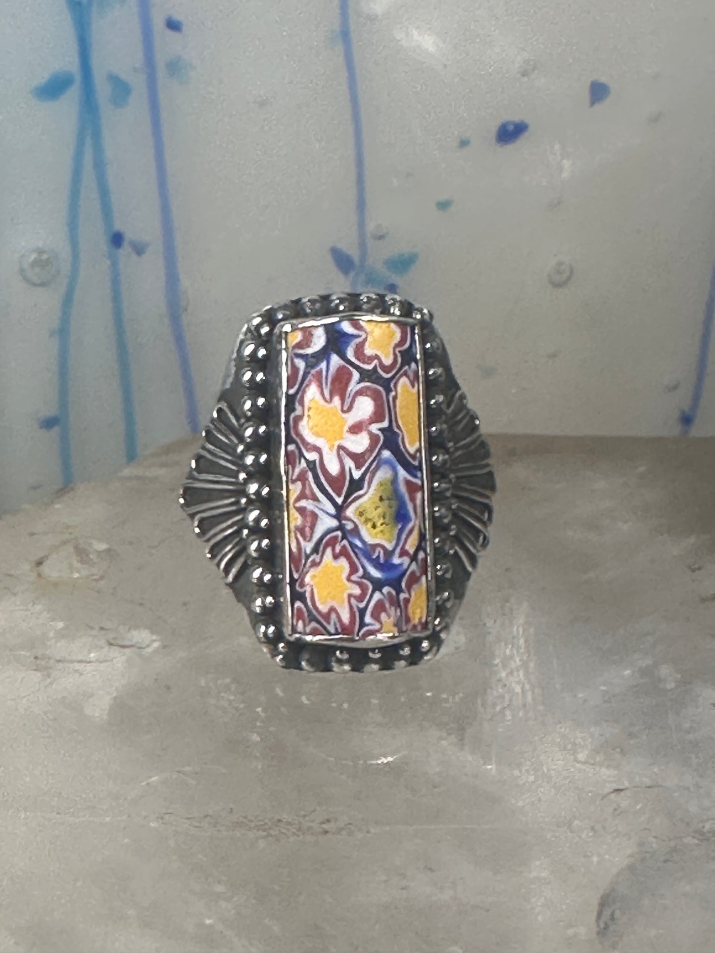 Millefiori floral ring size 9.25 sterling silver flowers long knuckle band women girls